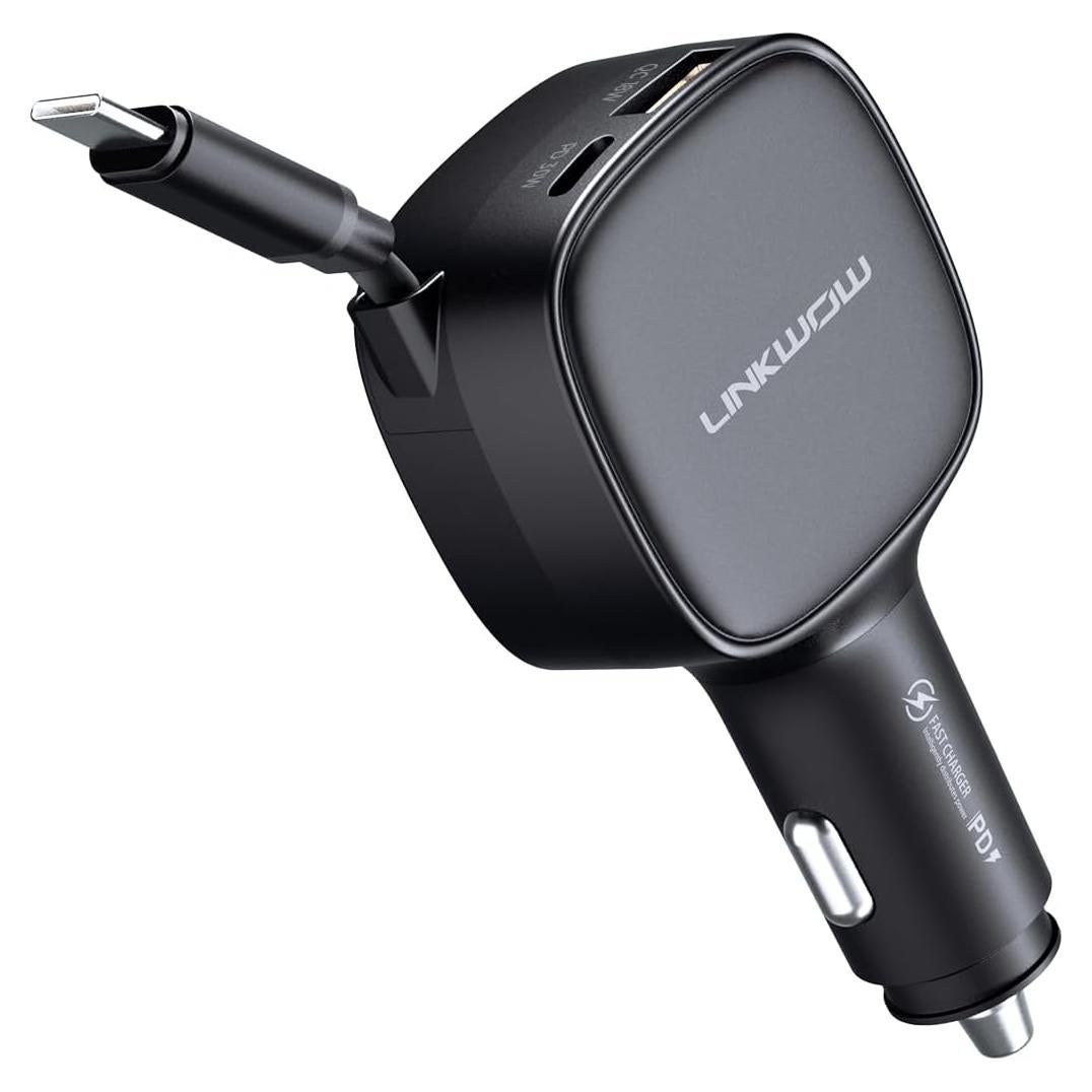 Cargador de Coche LINKWOW 84W USB-C Retráctil con Cable