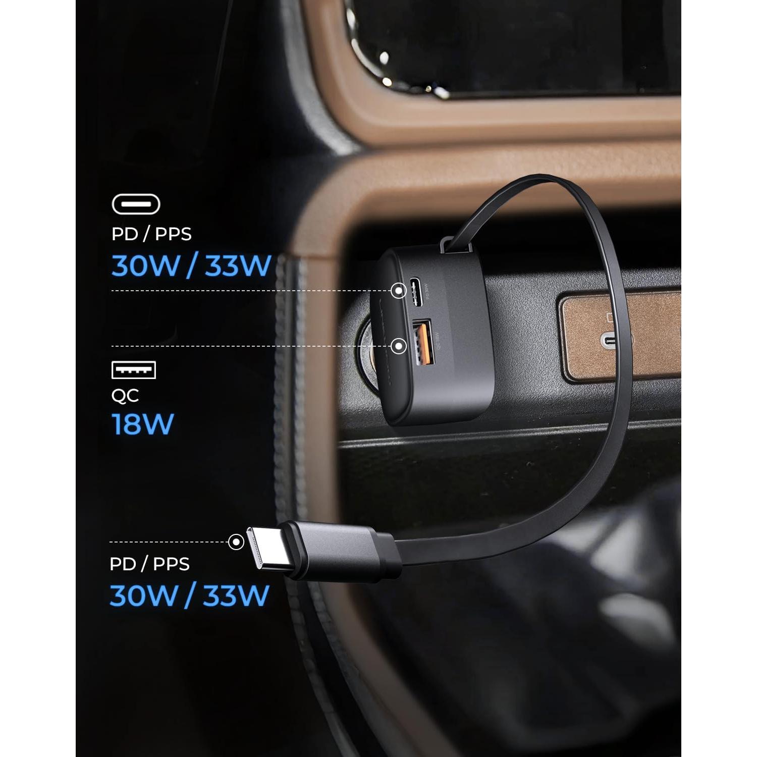 Cargador de Coche LINKWOW 84W USB-C Retráctil con Cable