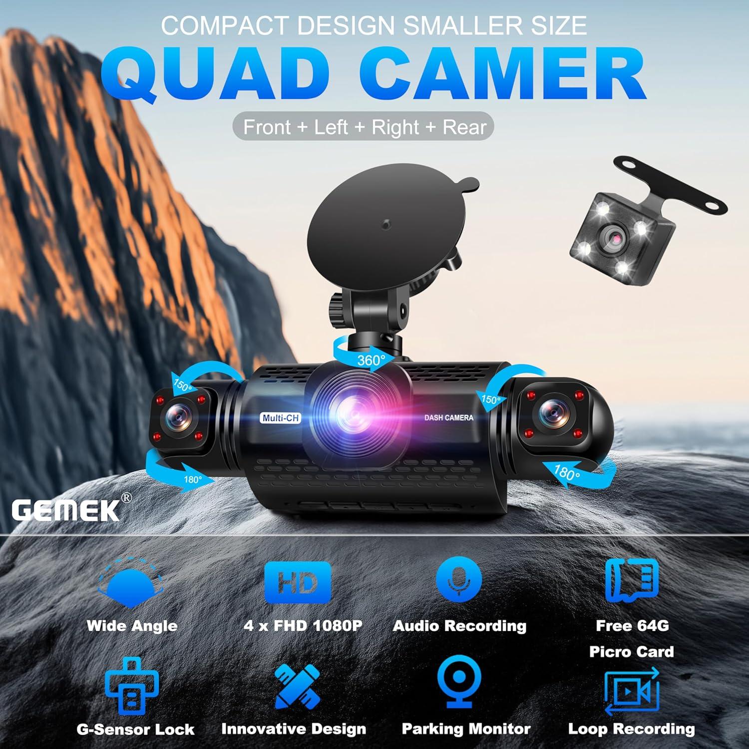 Cámara Dash GEMEK 360° 4 Canales FHD 1080P con TF 64GB