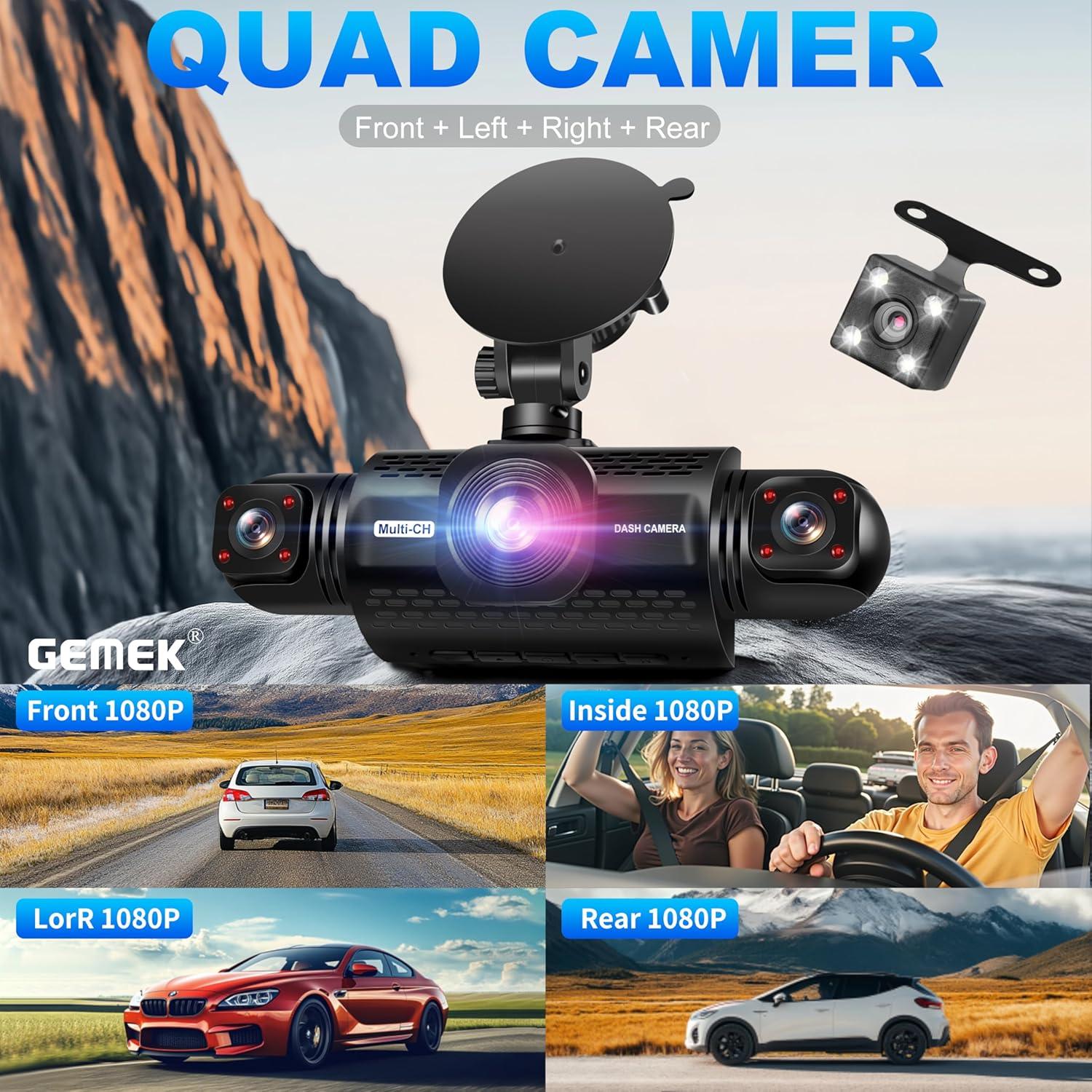 Cámara Dash GEMEK 360° 4 Canales FHD 1080P con TF 64GB