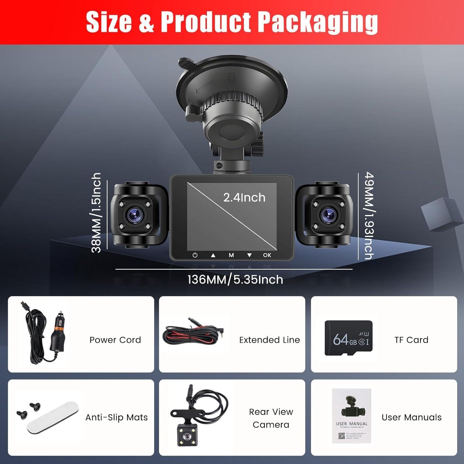 Cámara Dash 360° 4 Canales Fuluku 1080P con Tarjeta 64GB