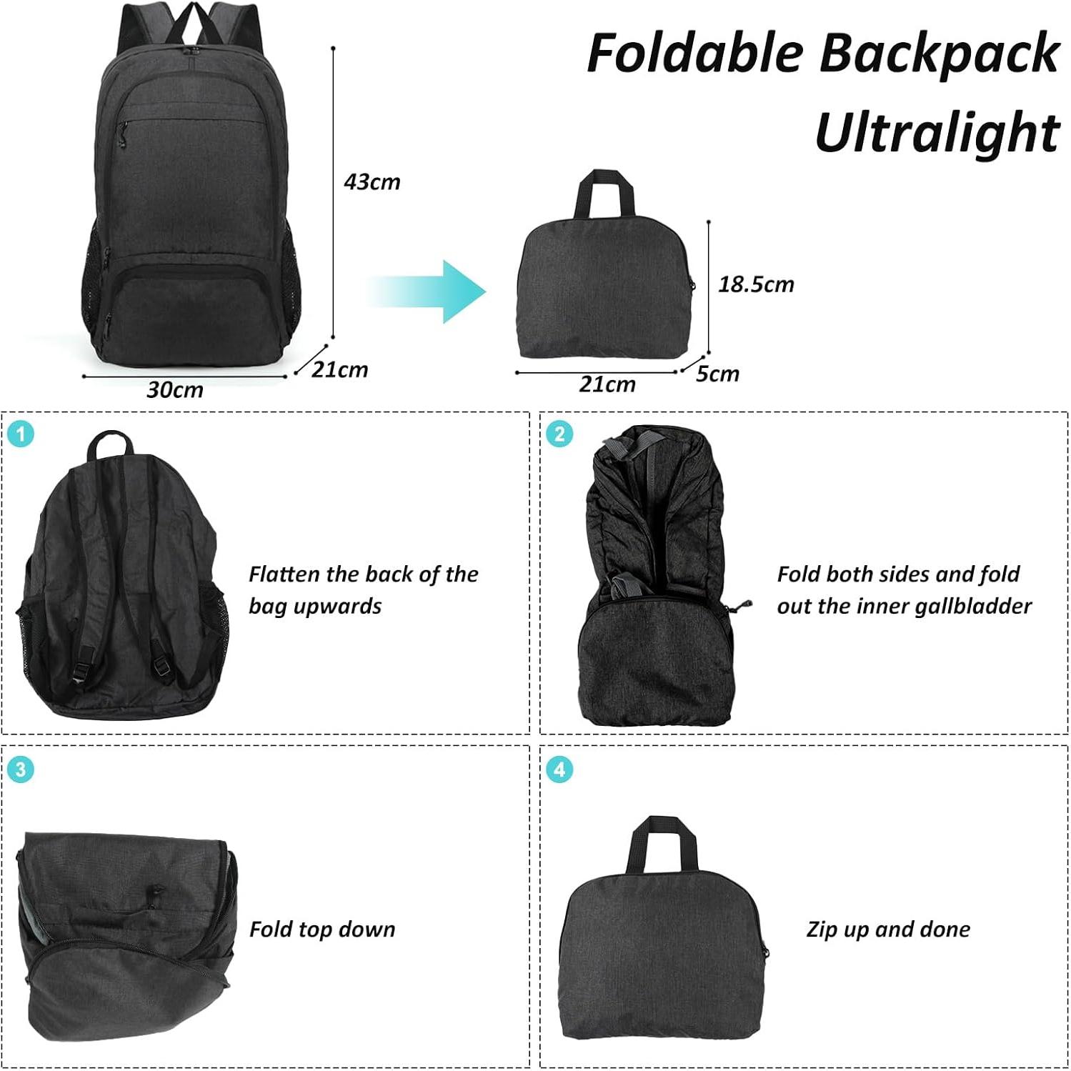 Mochila de Senderismo Plegable 25L Ultraligera Negra