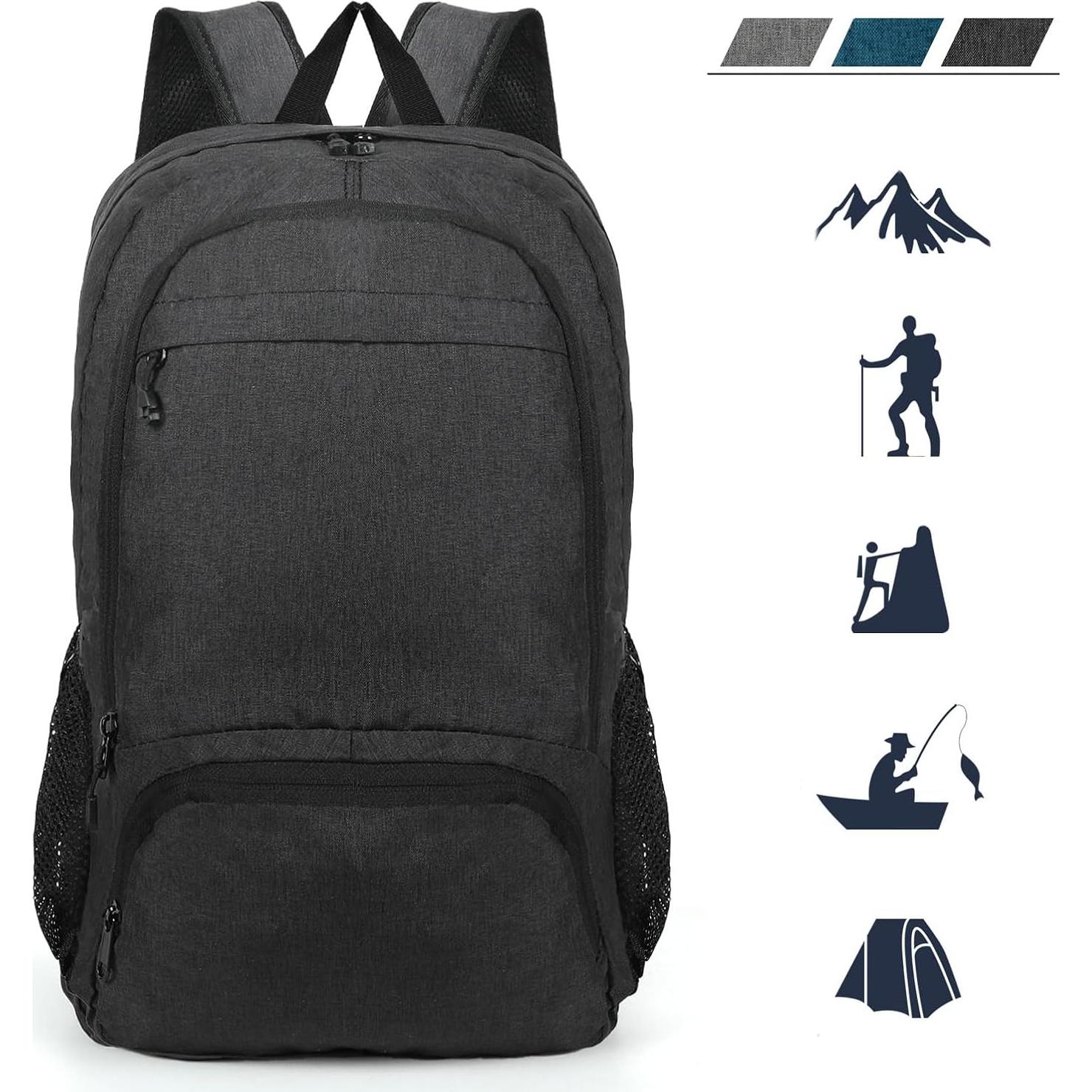 Mochila de Senderismo Plegable 25L Ultraligera Negra