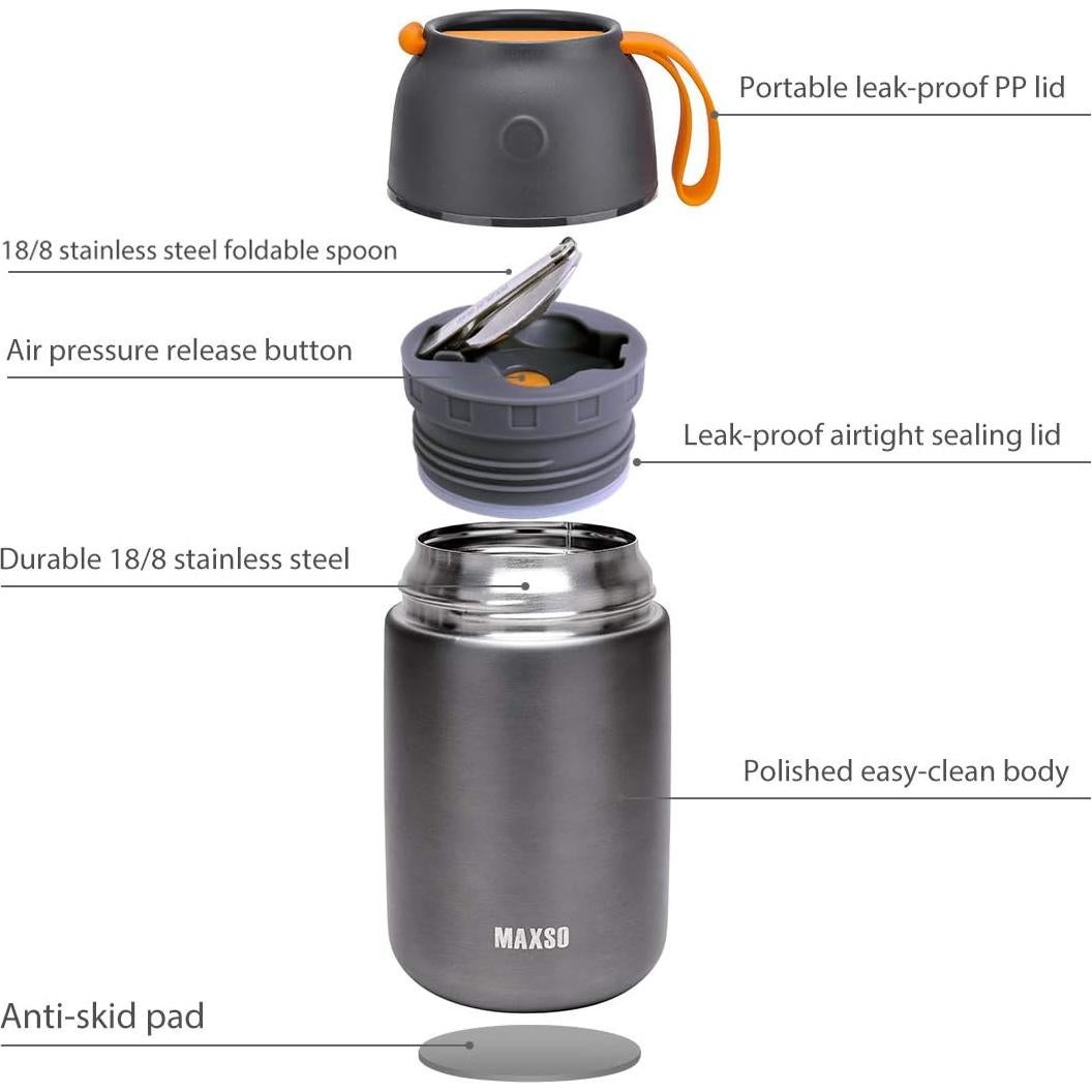 MAXSO 2 Tarros de Comida Termo Aislados 0.68L y 0.48L Gris