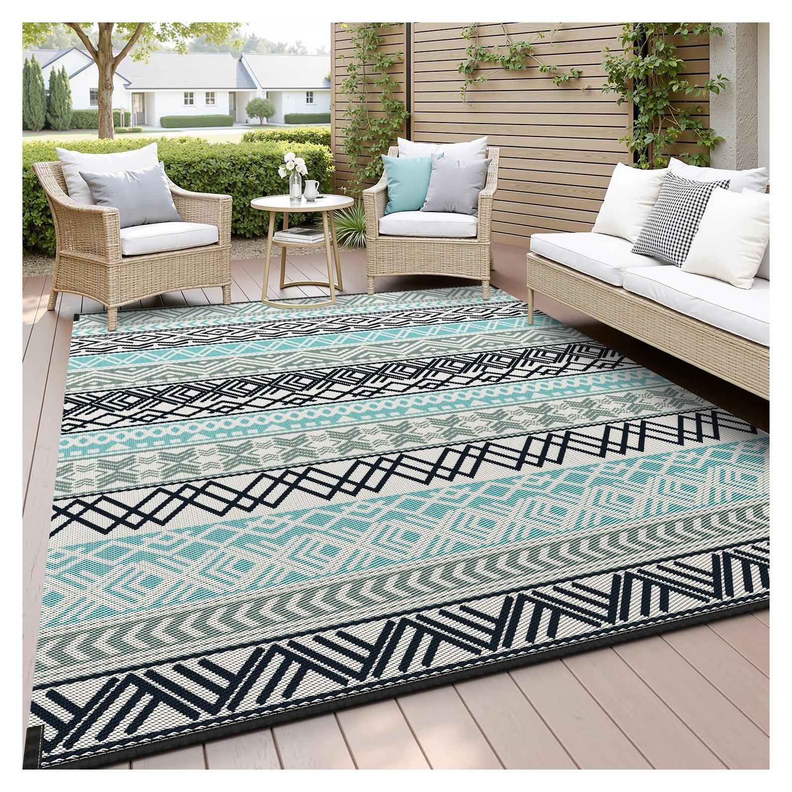 MontVoo Outdoor Rug Carpet Waterproof-Patio Rug Mat 5x8 Reversible RV Camping Rug Picnic Mat Plastic Straw Outside Rug for Balcony Porch Deck Beach-Boho Outdoor Area Rug for Patio Decor Colorful
