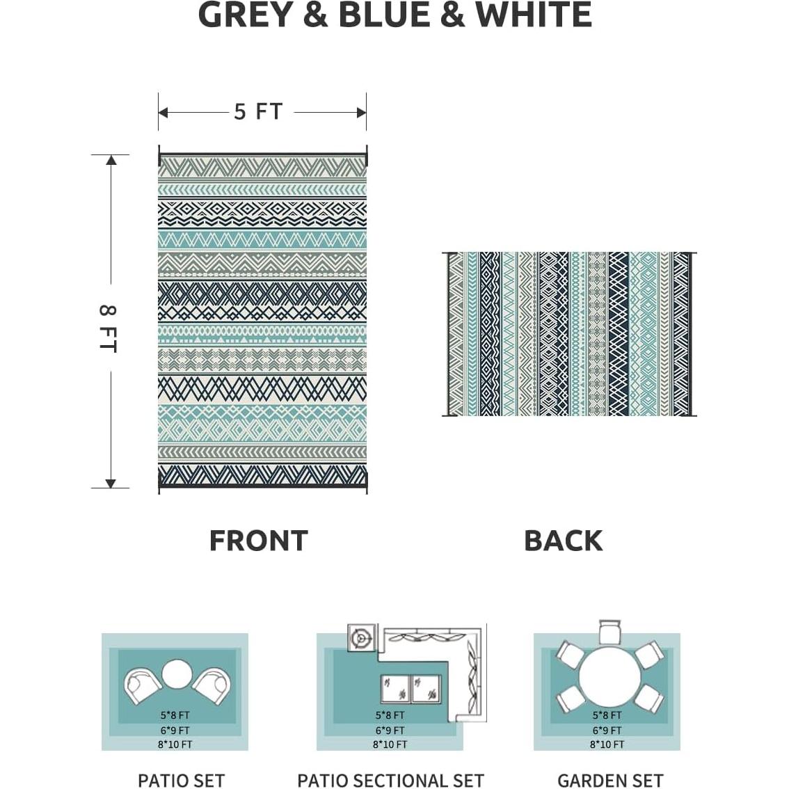 MontVoo Outdoor Rug Carpet Waterproof-Patio Rug Mat 5x8 Reversible RV Camping Rug Picnic Mat Plastic Straw Outside Rug for Balcony Porch Deck Beach-Boho Outdoor Area Rug for Patio Decor Colorful