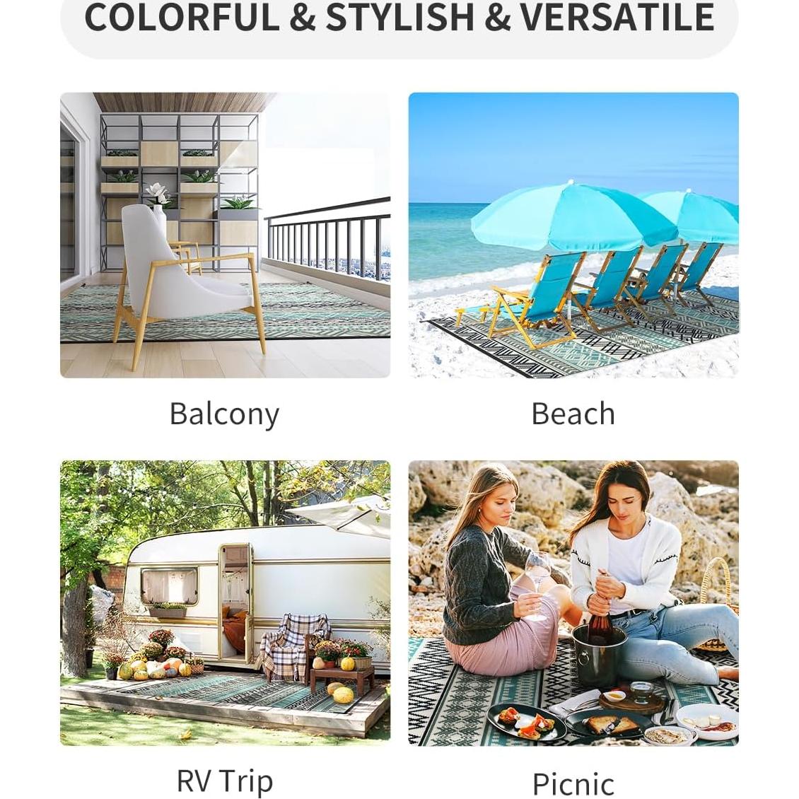 MontVoo Outdoor Rug Carpet Waterproof-Patio Rug Mat 5x8 Reversible RV Camping Rug Picnic Mat Plastic Straw Outside Rug for Balcony Porch Deck Beach-Boho Outdoor Area Rug for Patio Decor Colorful
