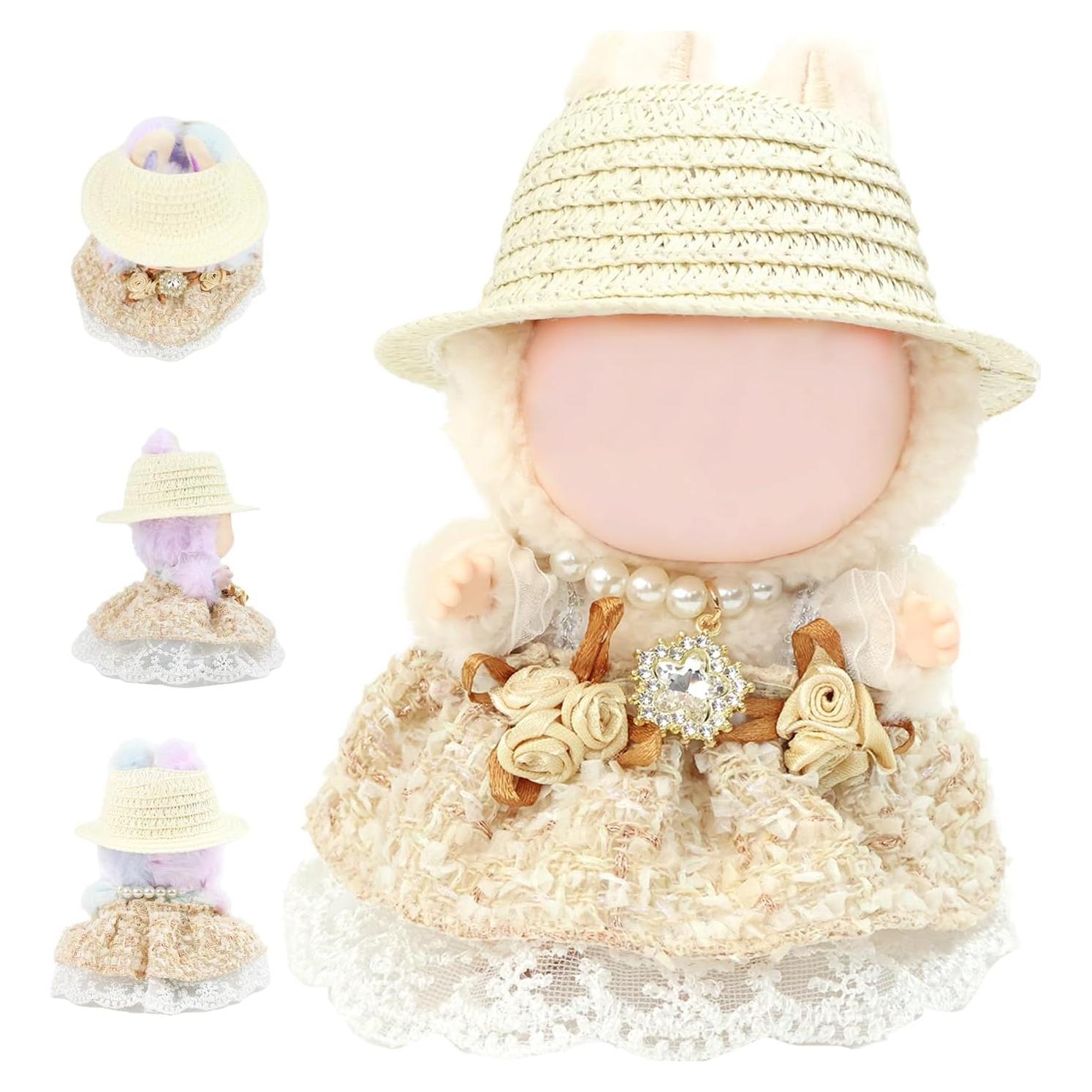 Clothes for labubu Skirt Set for Doll 3 Piece Set with Dress Outfit Hat Necklace Chic Dress for Dolls Accessories (NO Doll)(Cream Tweed)