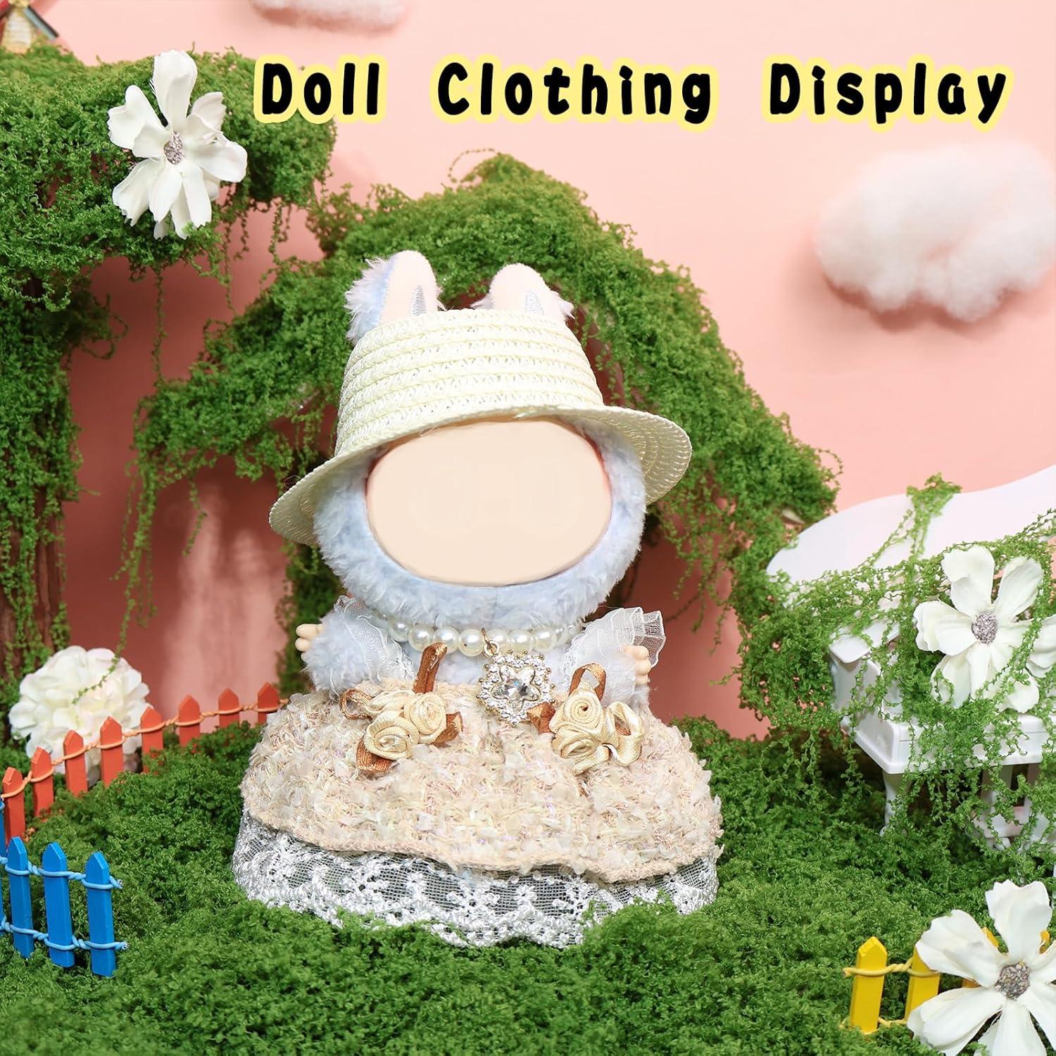 Clothes for labubu Skirt Set for Doll 3 Piece Set with Dress Outfit Hat Necklace Chic Dress for Dolls Accessories (NO Doll)(Cream Tweed)