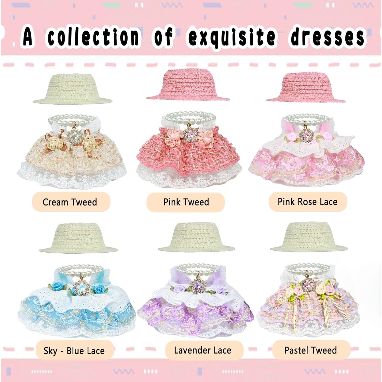 Clothes for labubu Skirt Set for Doll 3 Piece Set with Dress Outfit Hat Necklace Chic Dress for Dolls Accessories (NO Doll)(Cream Tweed)