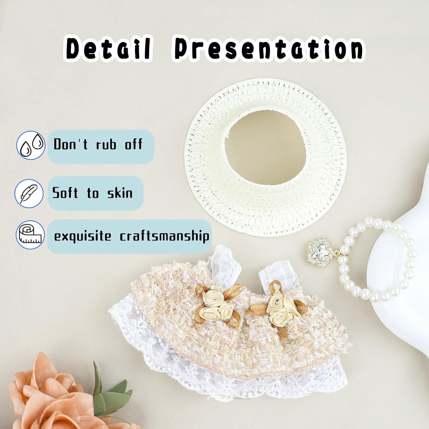 Clothes for labubu Skirt Set for Doll 3 Piece Set with Dress Outfit Hat Necklace Chic Dress for Dolls Accessories (NO Doll)(Cream Tweed)