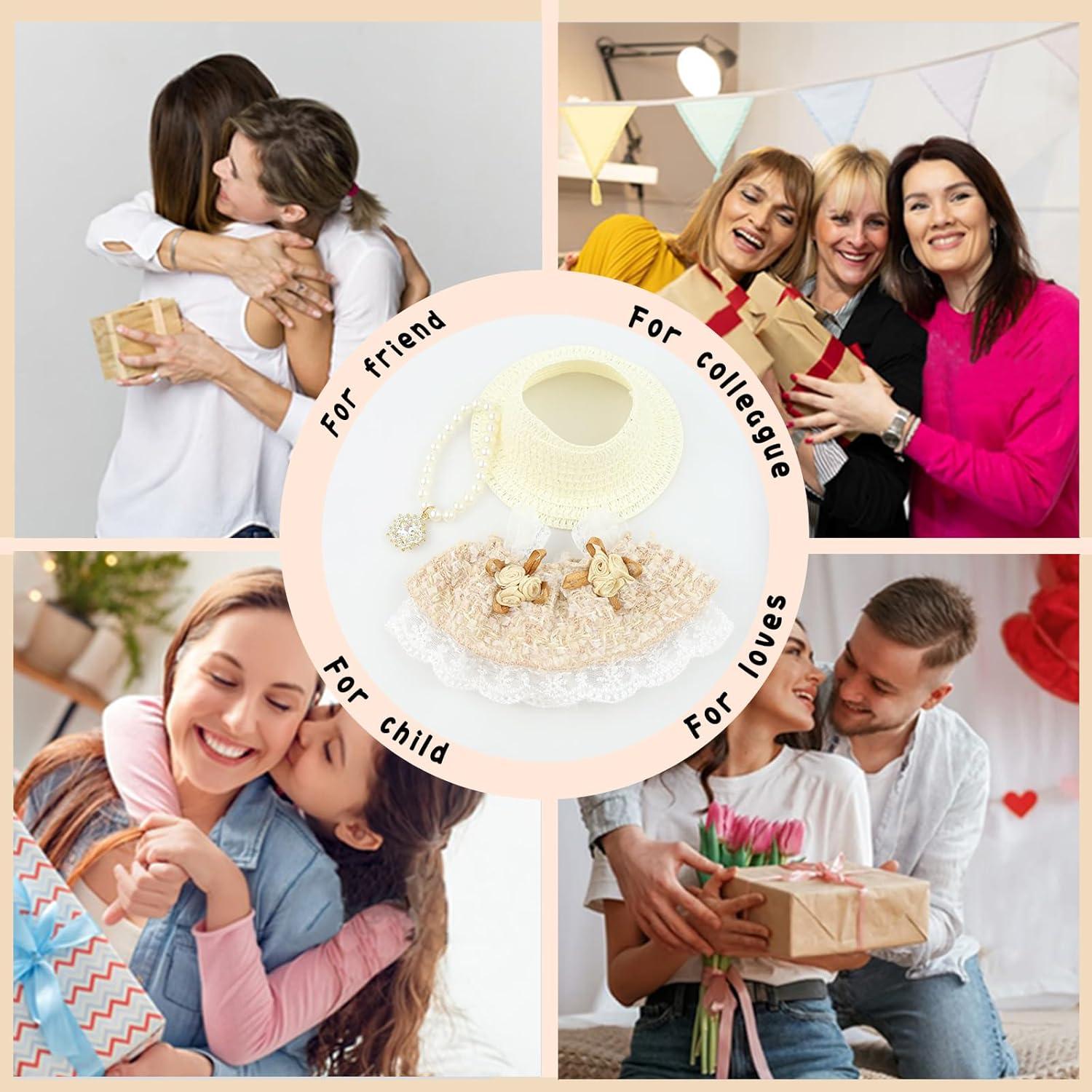 Clothes for labubu Skirt Set for Doll 3 Piece Set with Dress Outfit Hat Necklace Chic Dress for Dolls Accessories (NO Doll)(Cream Tweed)