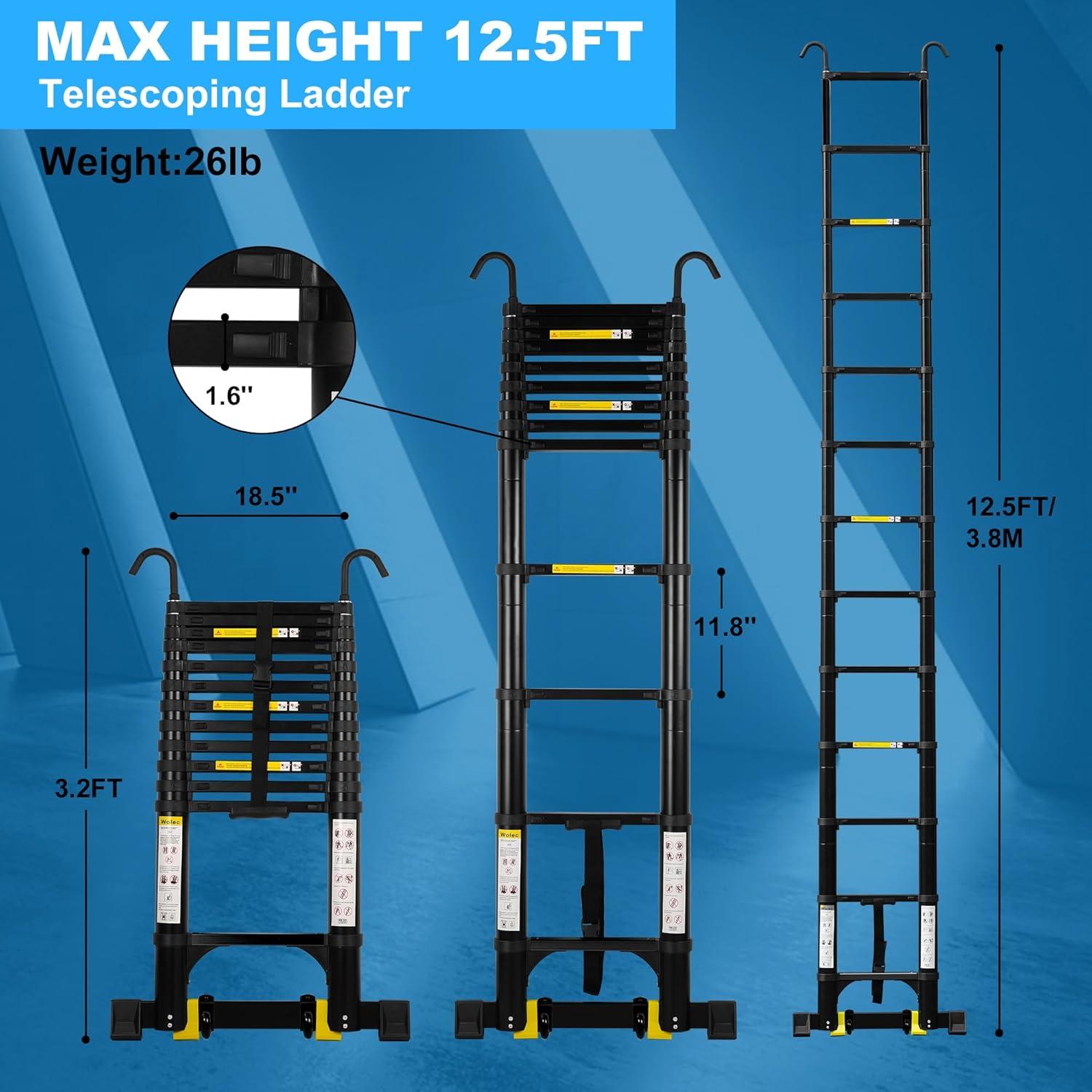 Escalera Telescópica Wolec 3.81 m Aluminio con Ruedas