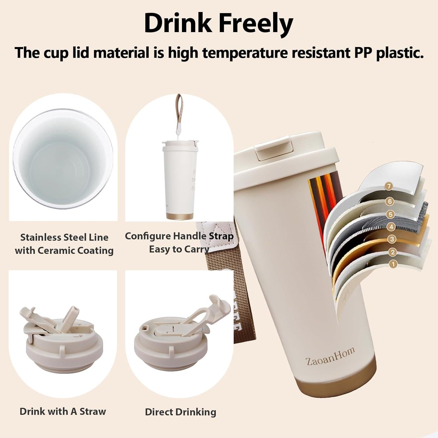 Taza de Café Aislada ZaoanHom 532 ml Blanca con Tapa a Prueba de Fugas