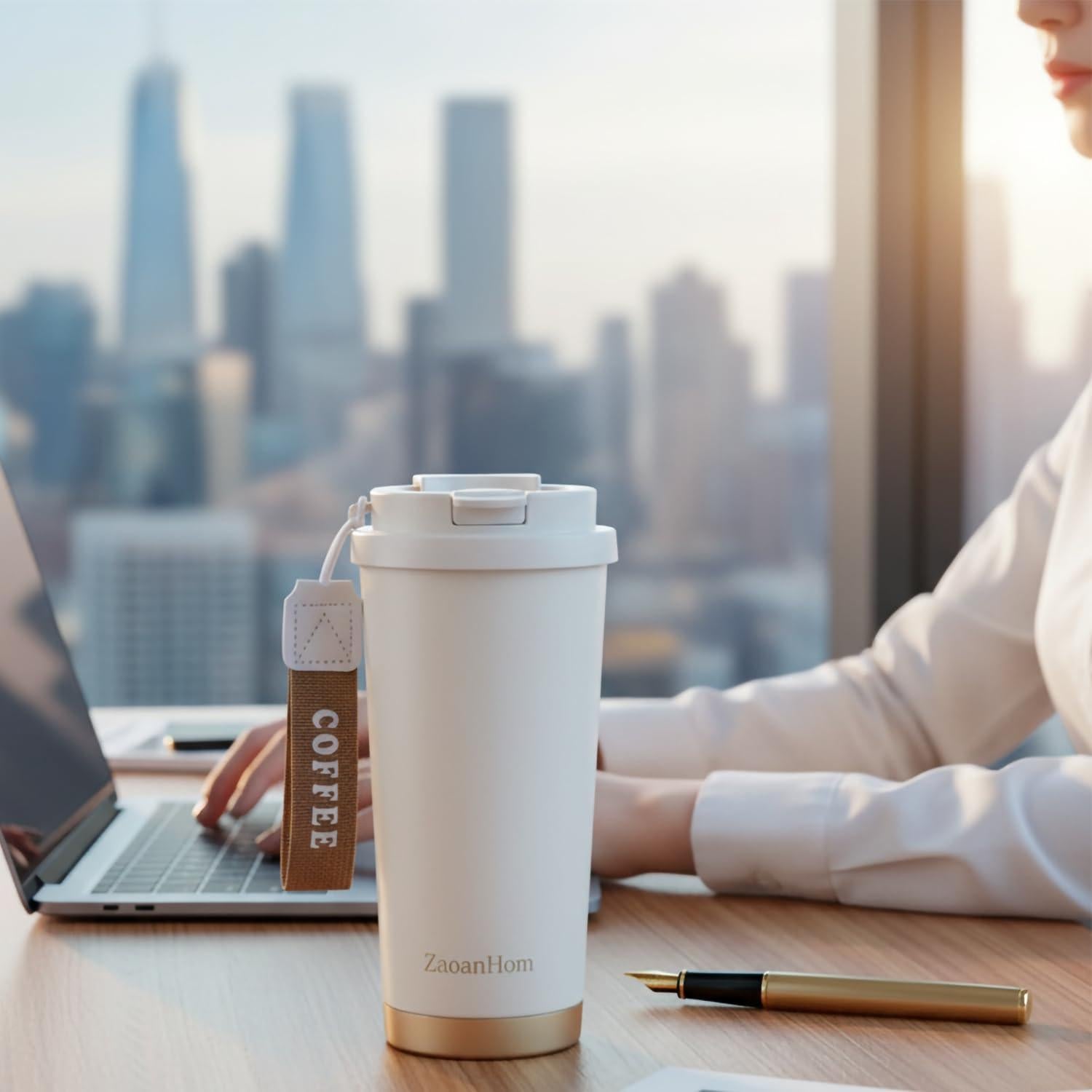 Taza de Café Aislada ZaoanHom 532 ml Blanca con Tapa a Prueba de Fugas