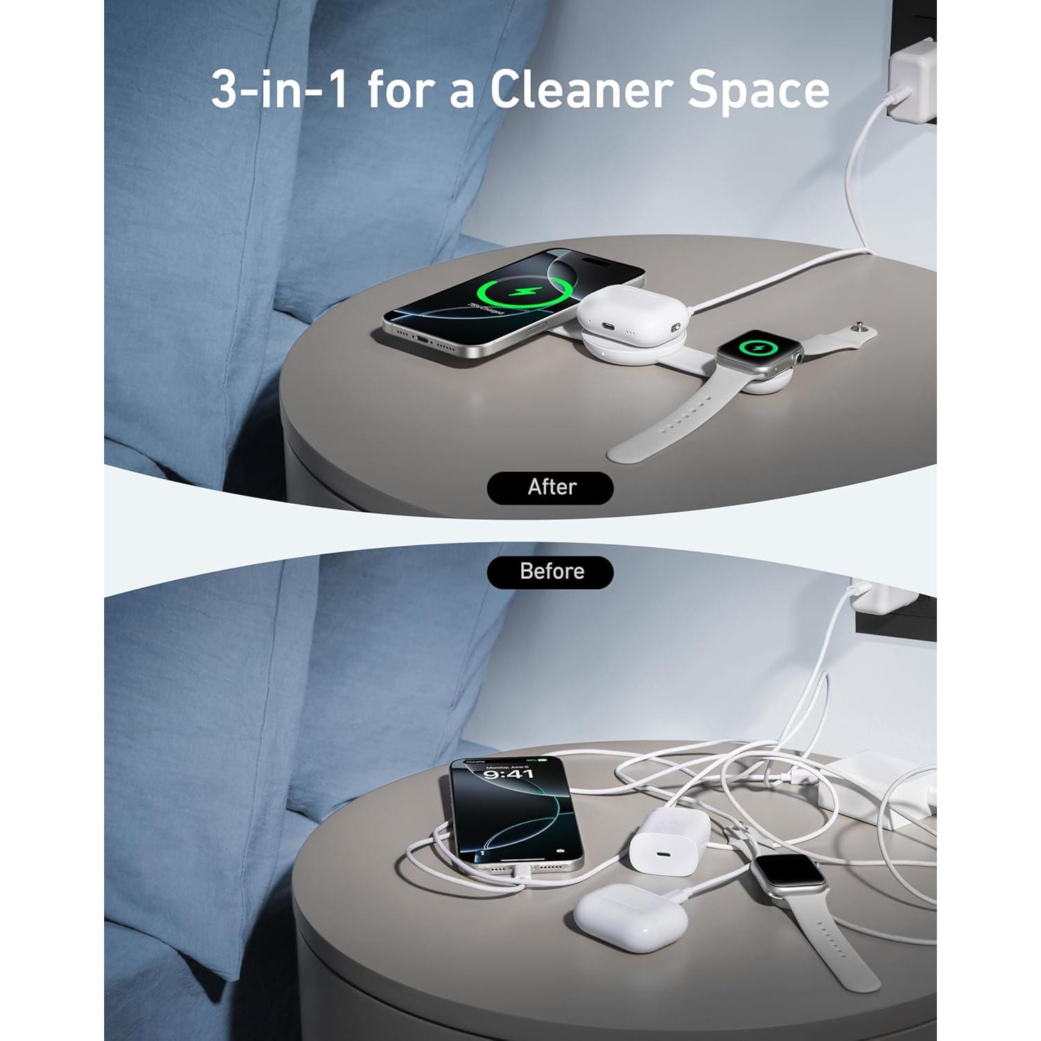 Cargador Inalámbrico 3-en-1 Anker MagGo para iPhone 15W