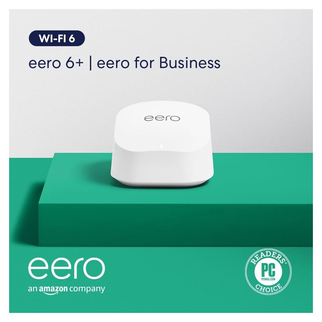 Amazon eero 6+ mesh wifi router with 1 month free eero for Business (auto-renews annually) - Coverage up to 1,500 sq. ft., Connect 75+ devices, 1-pack