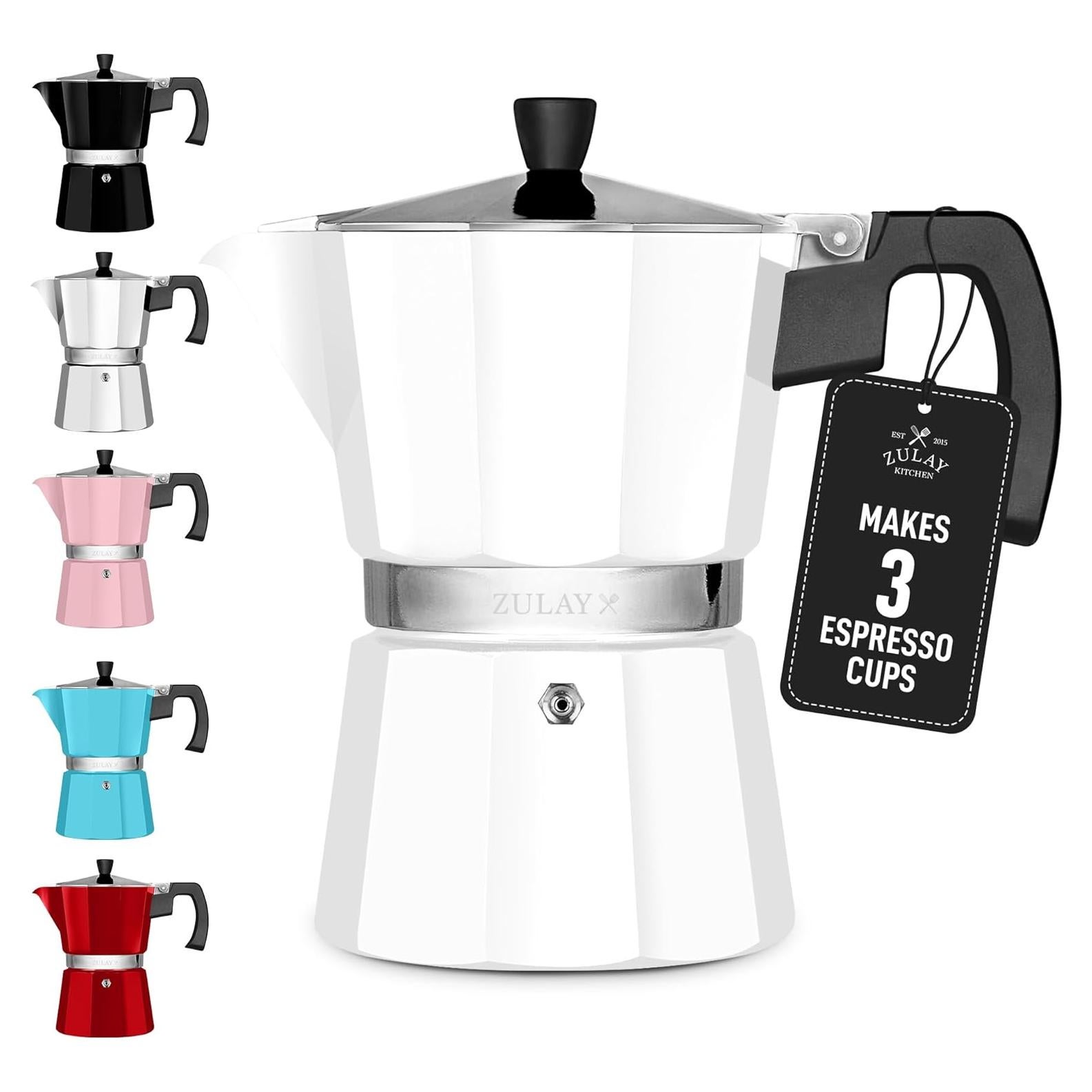 Zulay Moka Pot Espresso Stovetop Coffee Maker - Leak-Proof, Stainless Steel, Easy to Clean, Heat Resistant Handle & Knob - for Authentic Cuban & Italian Style Espresso - Makes 3 Espresso Cups - White