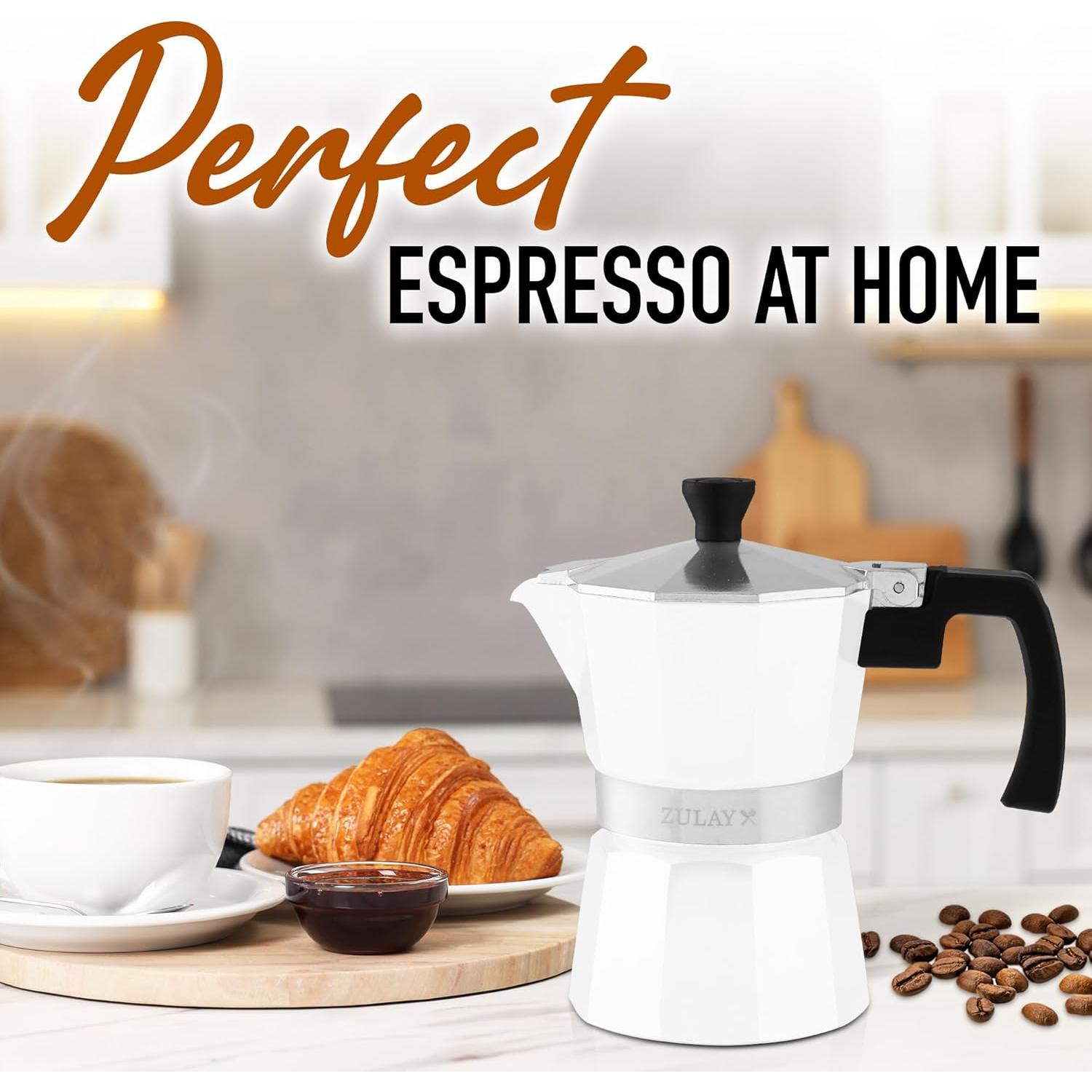 Zulay Moka Pot Espresso Stovetop Coffee Maker - Leak-Proof, Stainless Steel, Easy to Clean, Heat Resistant Handle & Knob - for Authentic Cuban & Italian Style Espresso - Makes 3 Espresso Cups - White