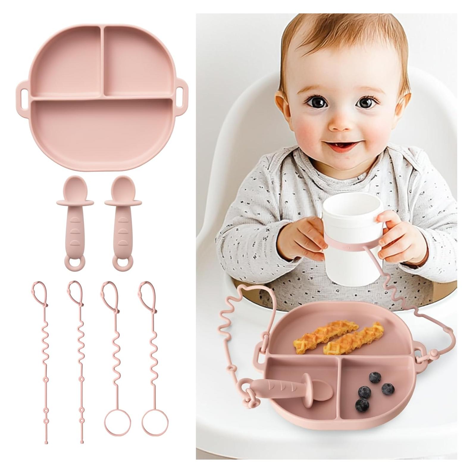 Set de Platos para Bebés YIVEKO con Succión Rosa 7 Piezas