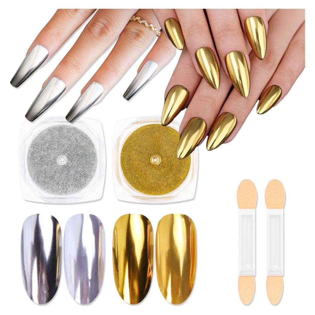 Kit de Polvo de Uñas Efecto Espejo Evpct 2 Pcs Dorado Plateado