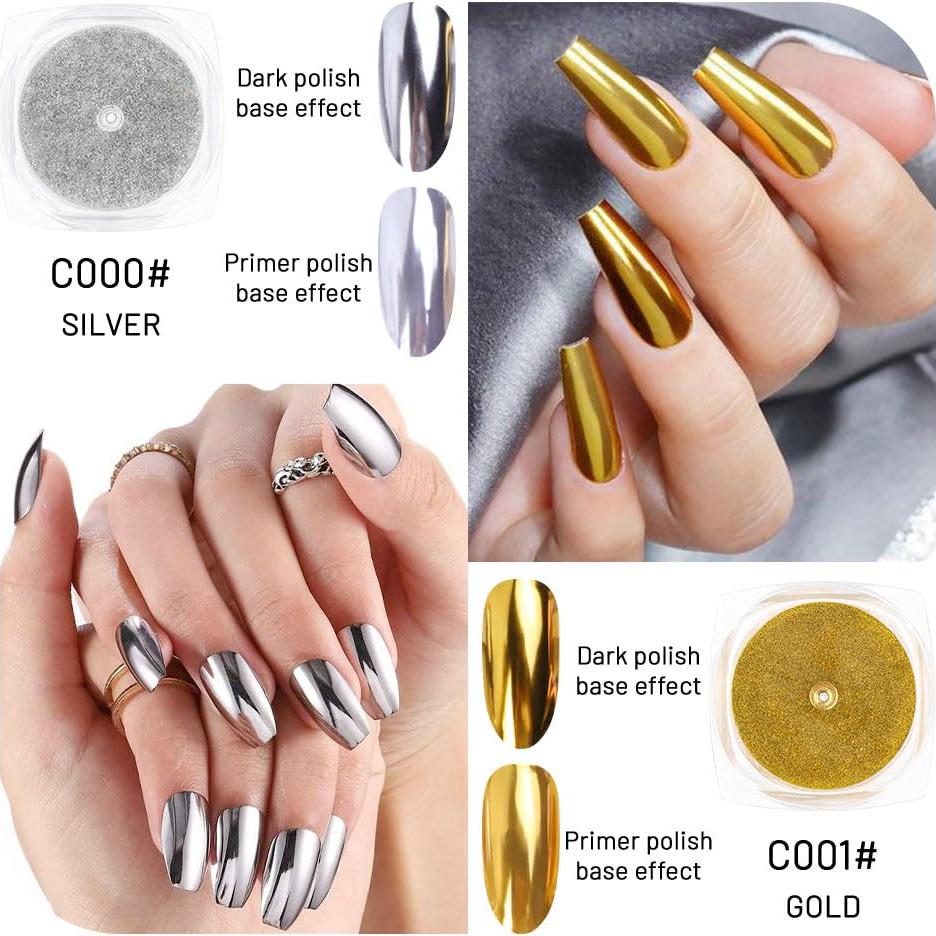 Kit de Polvo de Uñas Efecto Espejo Evpct 2 Pcs Dorado Plateado