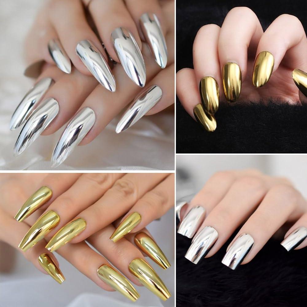 Kit de Polvo de Uñas Efecto Espejo Evpct 2 Pcs Dorado Plateado