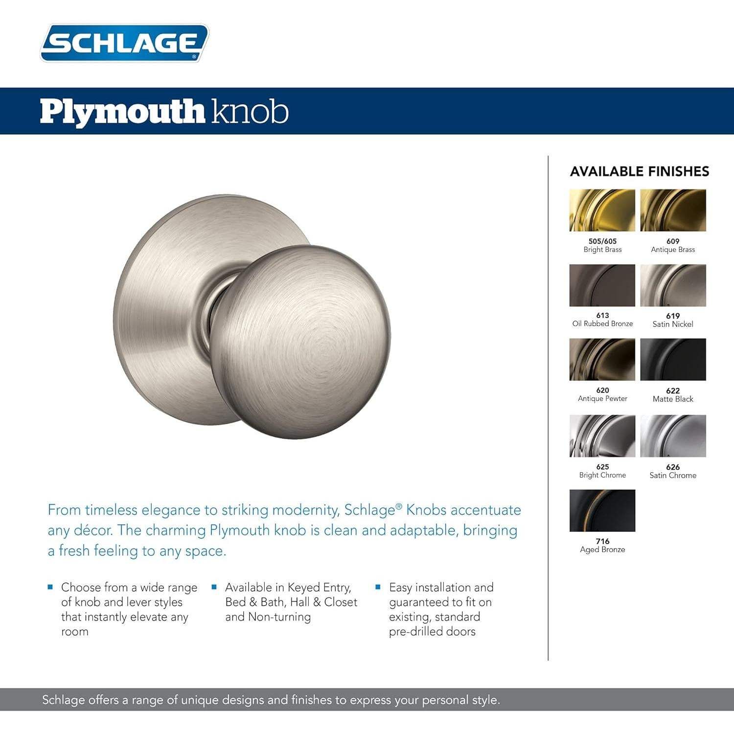 Pomos de Puerta Schlage F10 Plymouth Bronce Envejecido Paquete de 4