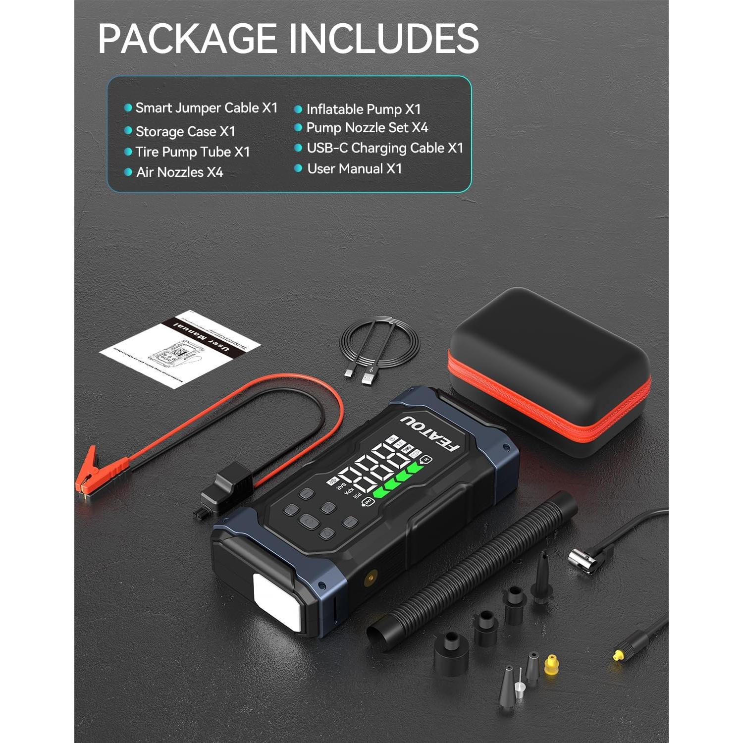 Arrancador de Salto 9000A Featou V8 con Compresor 12V