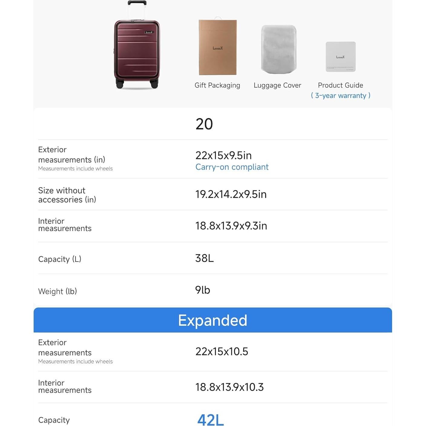 Maleta de Mano Expandible 20" LUGGEX Policarbonato Cereza