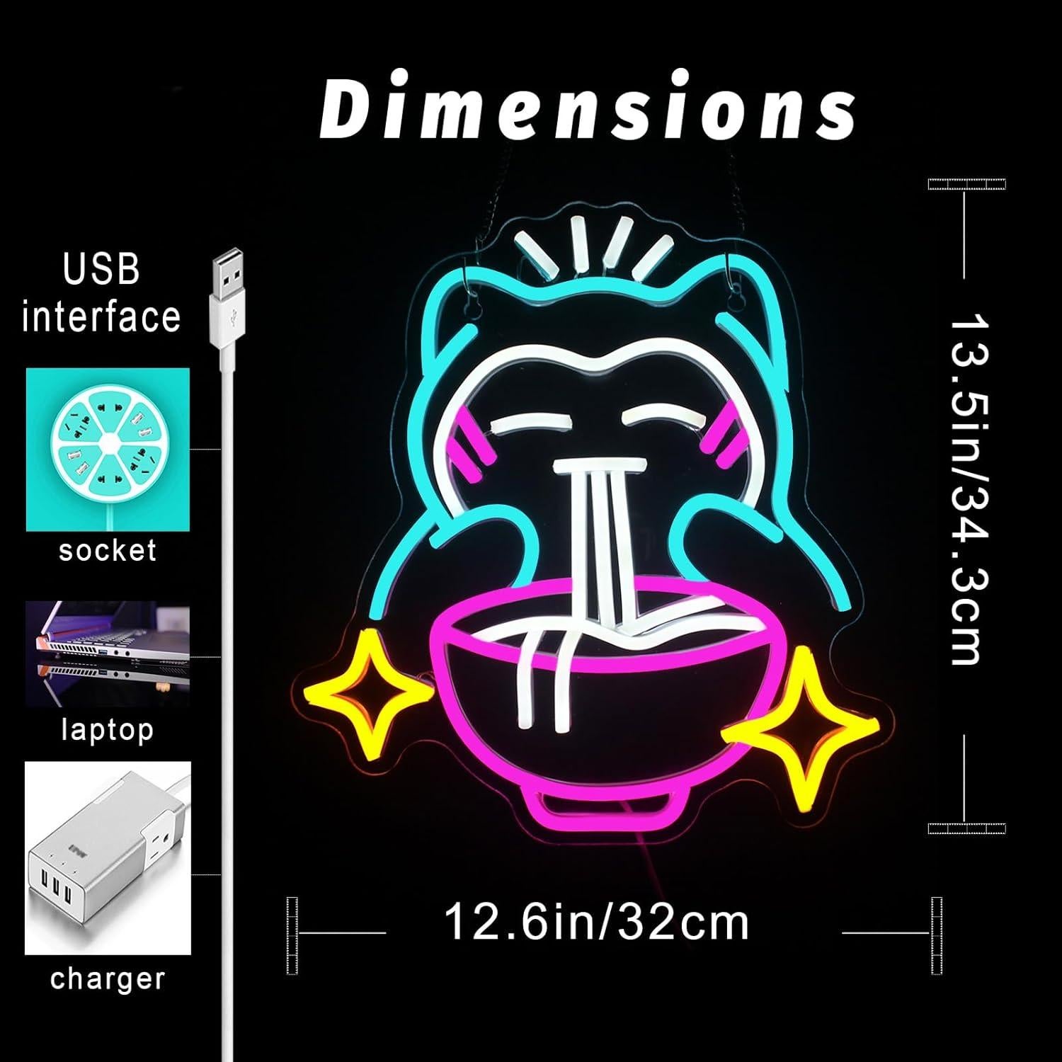 Luz de Neón LED Ramen LiangLiang - Decoración Japonesa 34.3x32cm