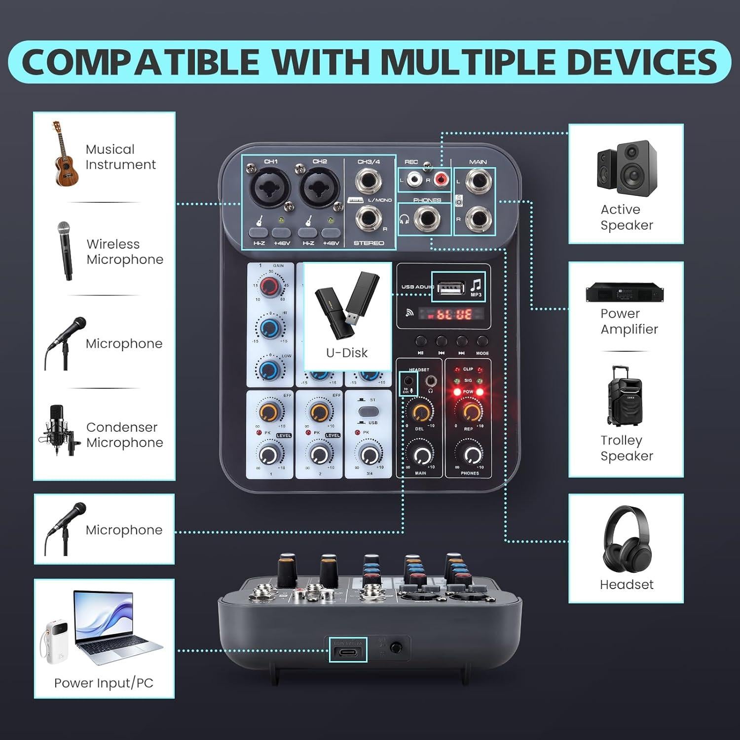 Mezclador de Audio DJ 4 Canales G4B con Bluetooth y USB