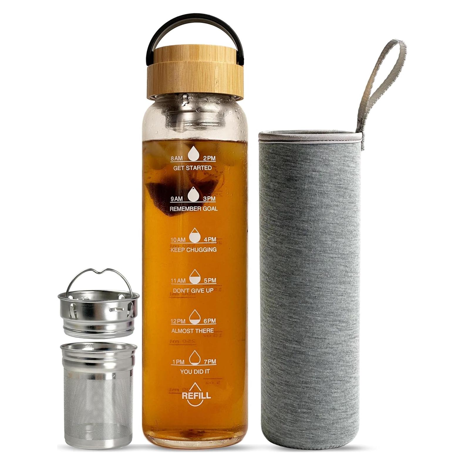 Botella de Agua de Vidrio Xaeiglas 1L con Infusor y Tapa de Bambú