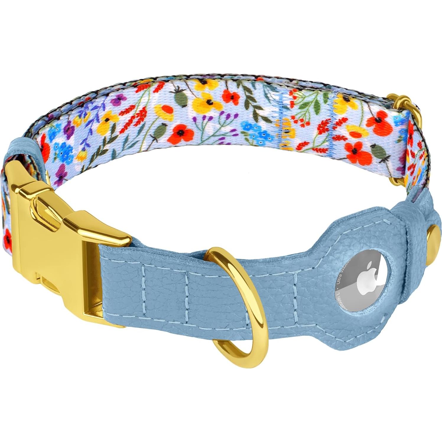 Collar para Perros Budkas AirTag Ajustable Cuero Floral 23-31 cm