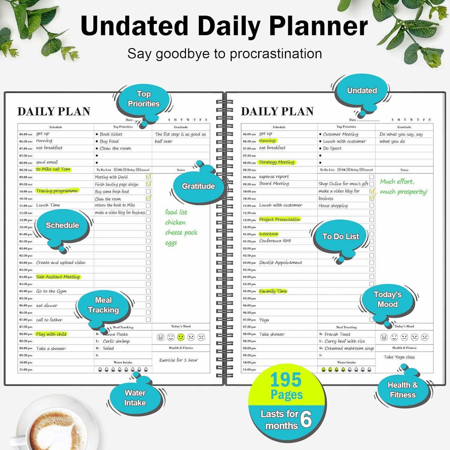 Planificador Diario Sin Fecha Asten A4 Negro con Tareas y Horarios