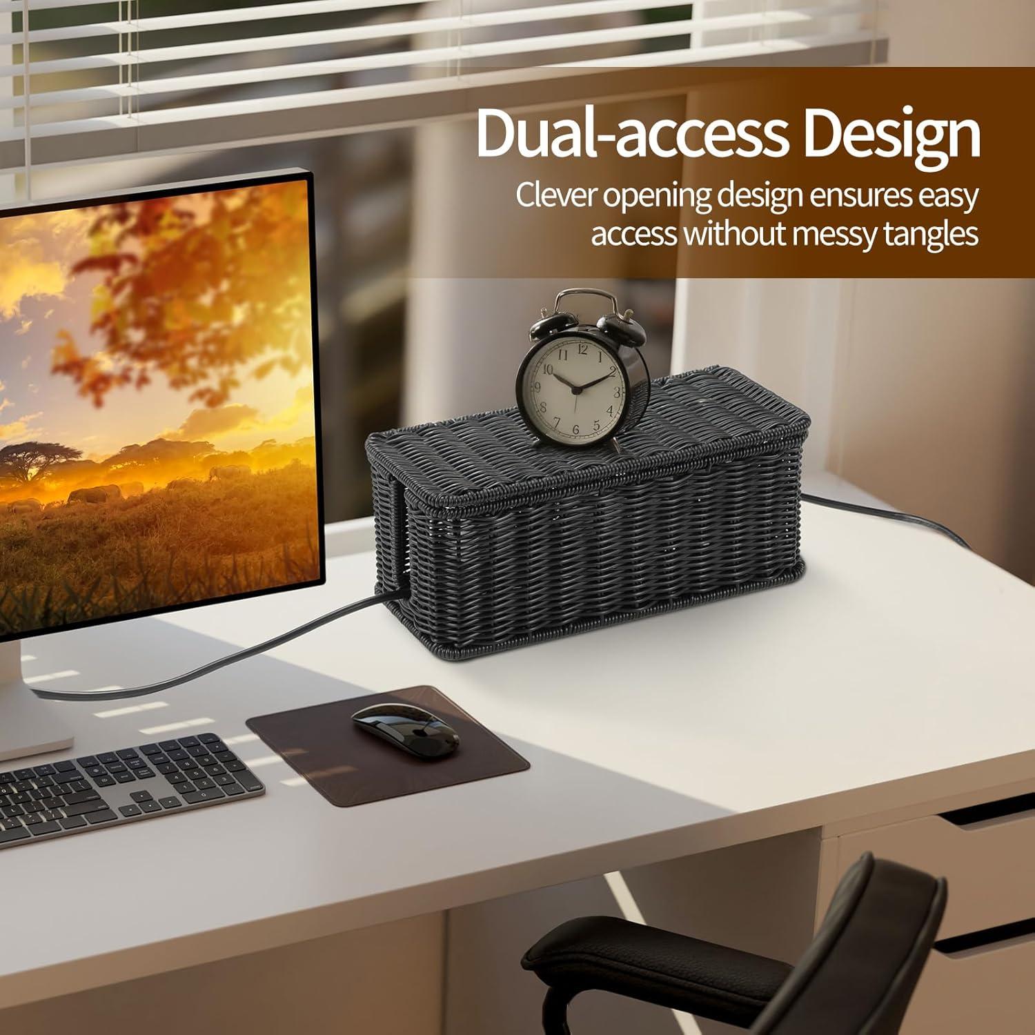 Caja de Gestión de Cables Delamu Rattan Hecha a Mano 31.75x12.95x12.95cm Negro