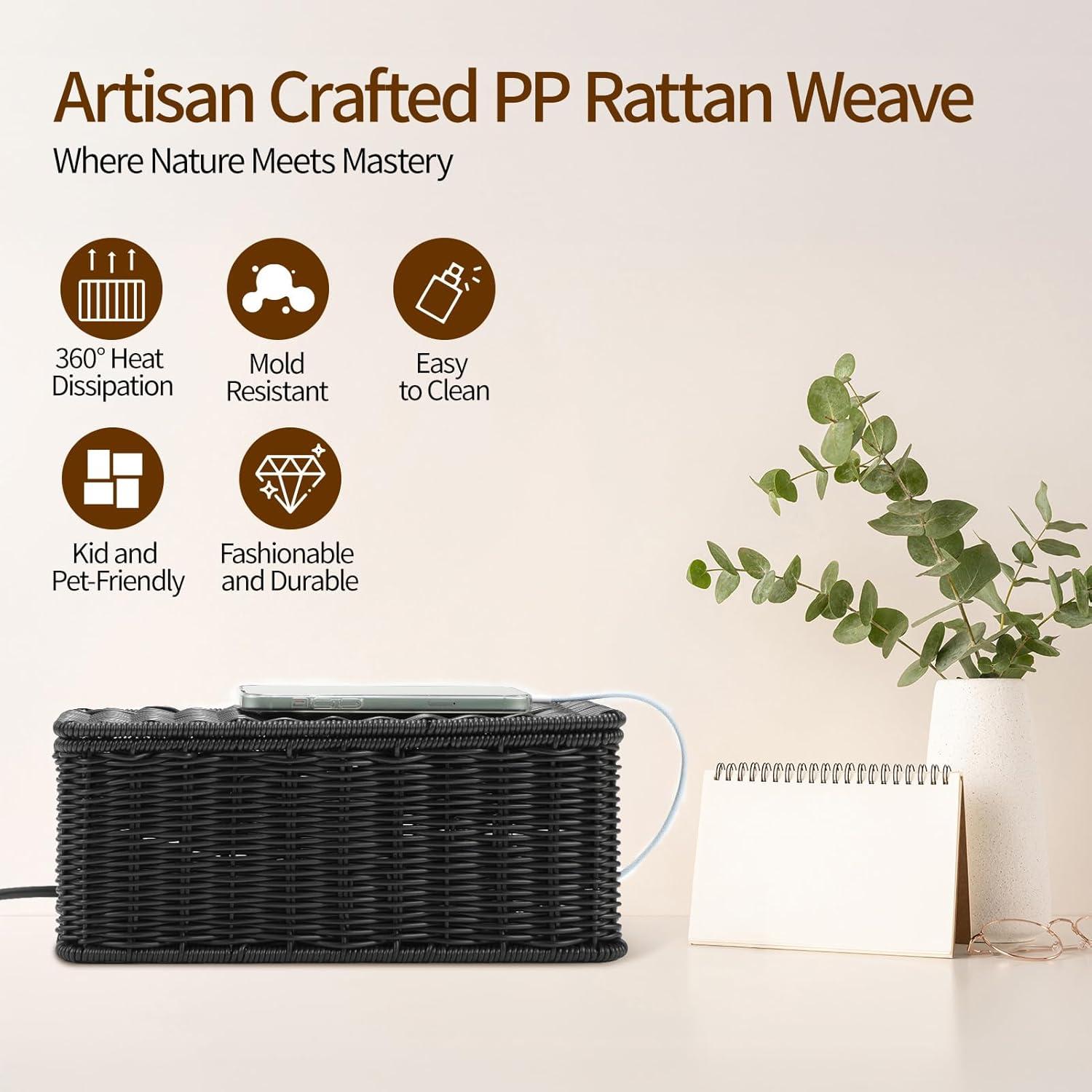 Caja de Gestión de Cables Delamu Rattan Hecha a Mano 31.75x12.95x12.95cm Negro