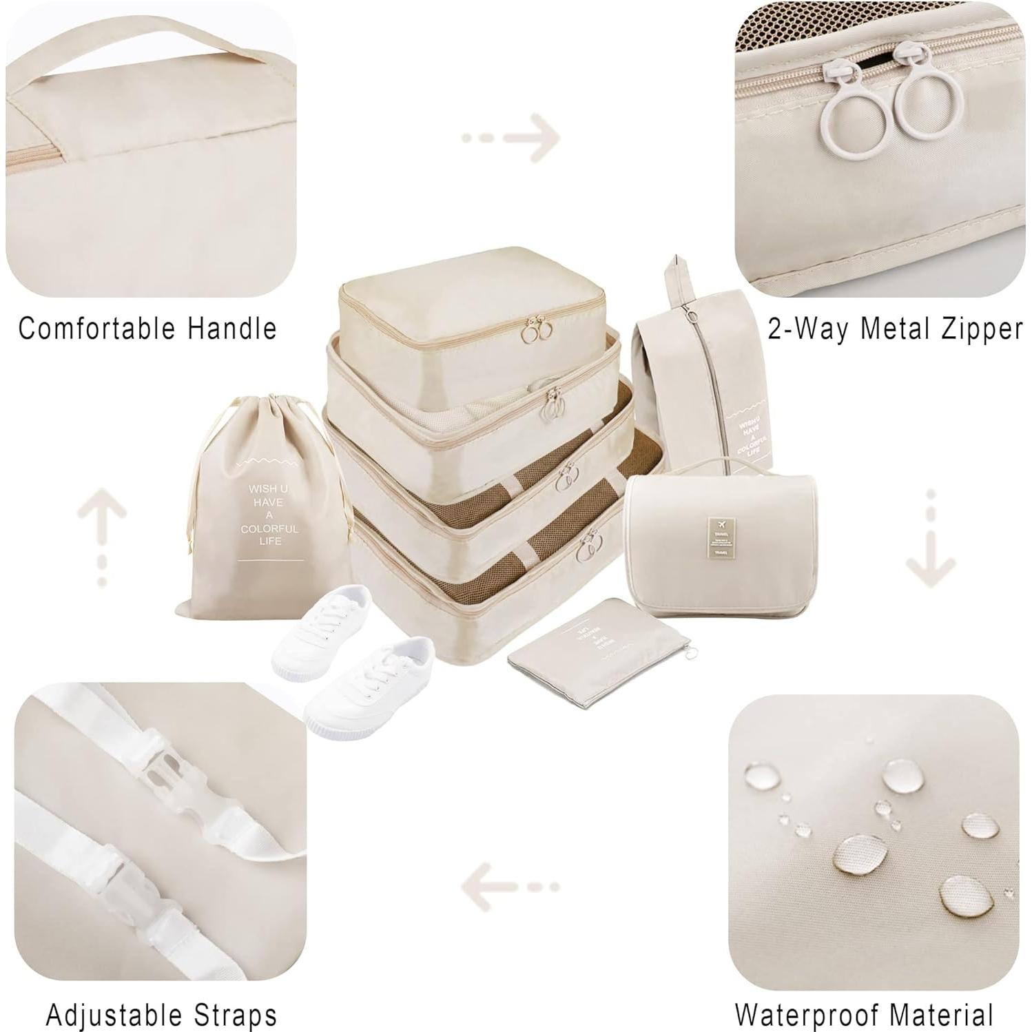 Set de Cubos de Empaque Ebbniur 8 Pzs Beige Gran Capacidad