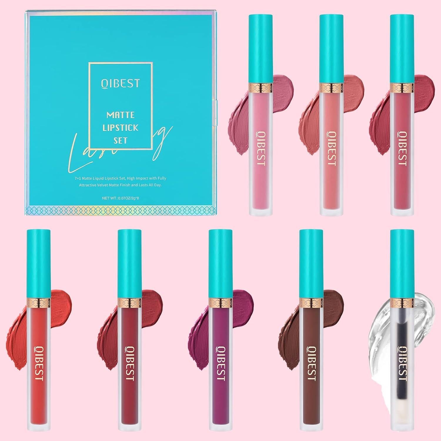 Set de 7 Pintalabios Líquido Mate QiBest + 1 Gloss Voluminizador