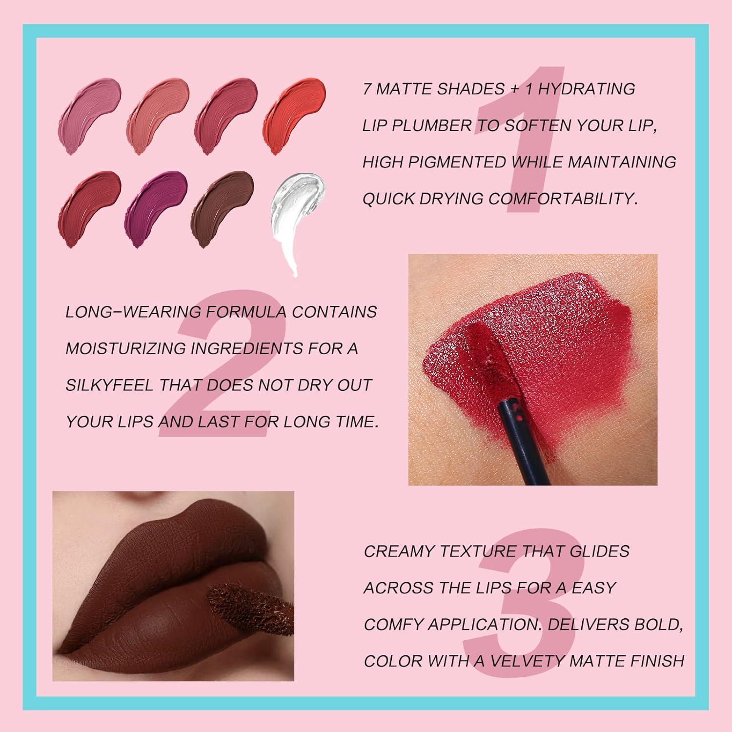 Set de 7 Pintalabios Líquido Mate QiBest + 1 Gloss Voluminizador