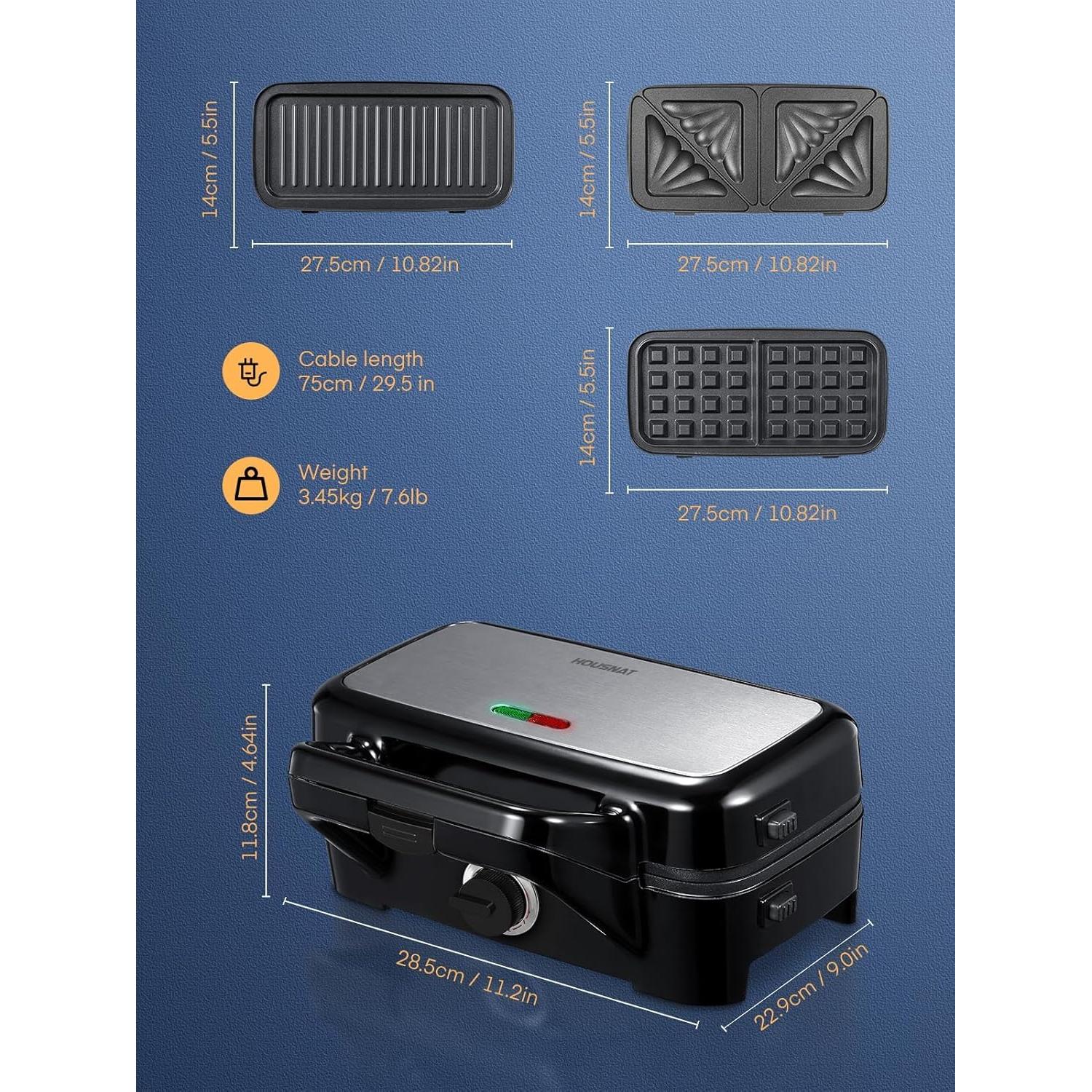 Sandwichera 3 en 1 HOUSNAT con Placas Intercambiables 1200W