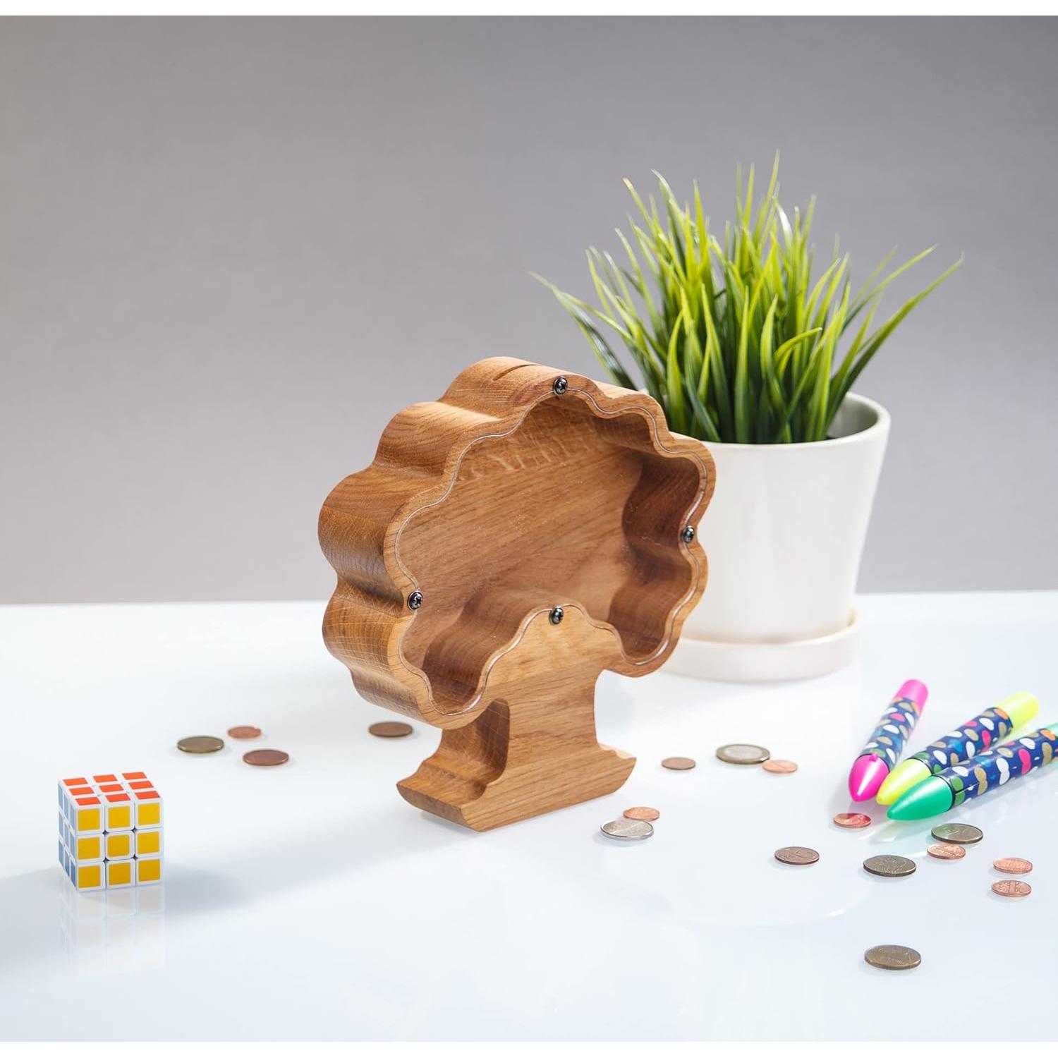 Hucha de Madera de Roble en Forma de Árbol Personalizada