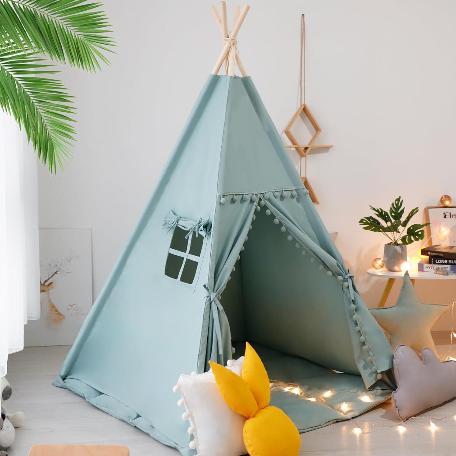 Tienda Teepee para Niños con Alfombra y Luces - Verde