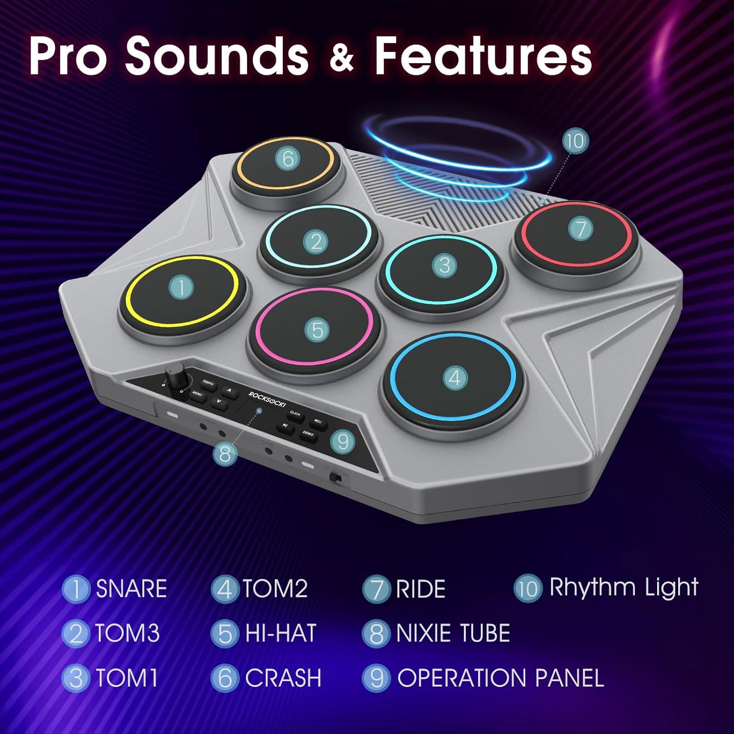 Juego de Batería Electrónica ROCKSOCKI 7 Pads Portátil USB-MIDI