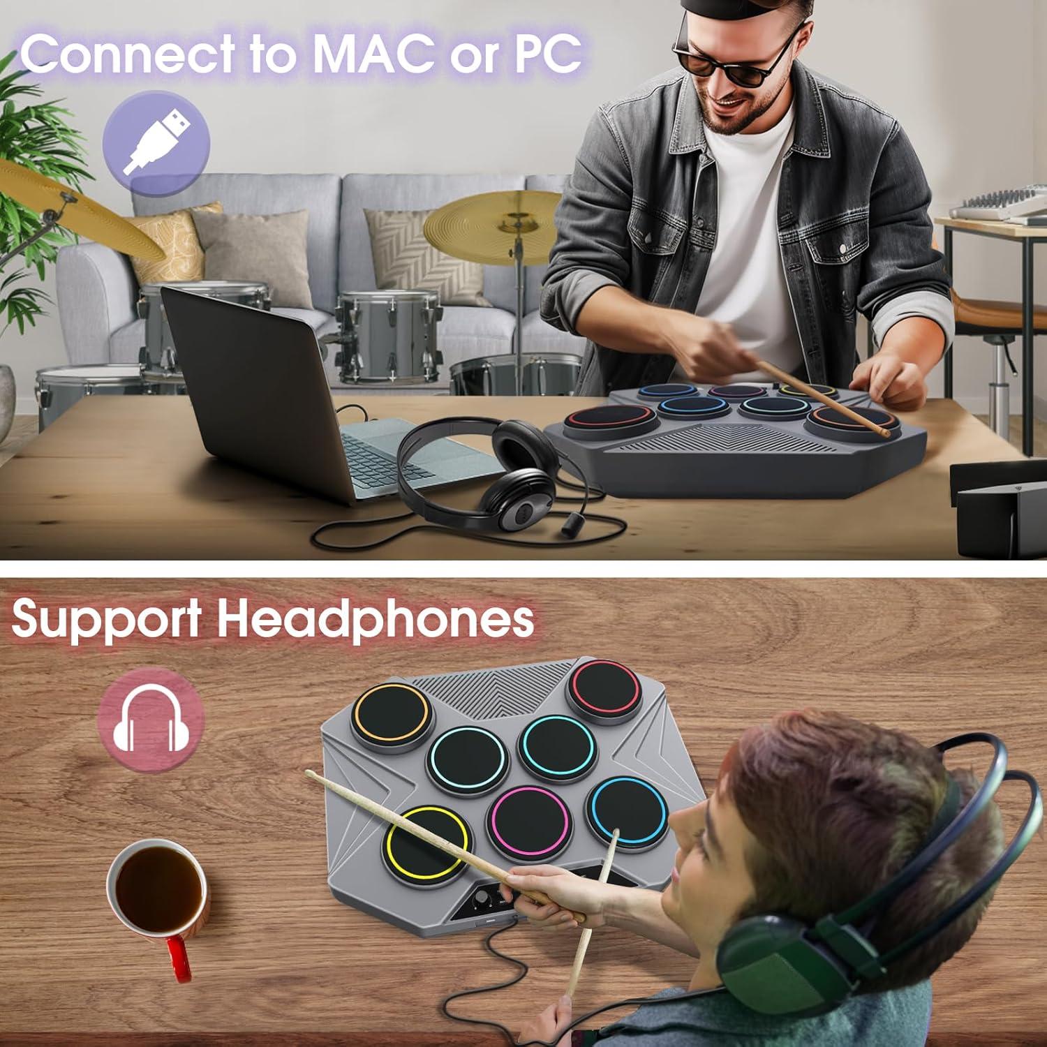 Juego de Batería Electrónica ROCKSOCKI 7 Pads Portátil USB-MIDI