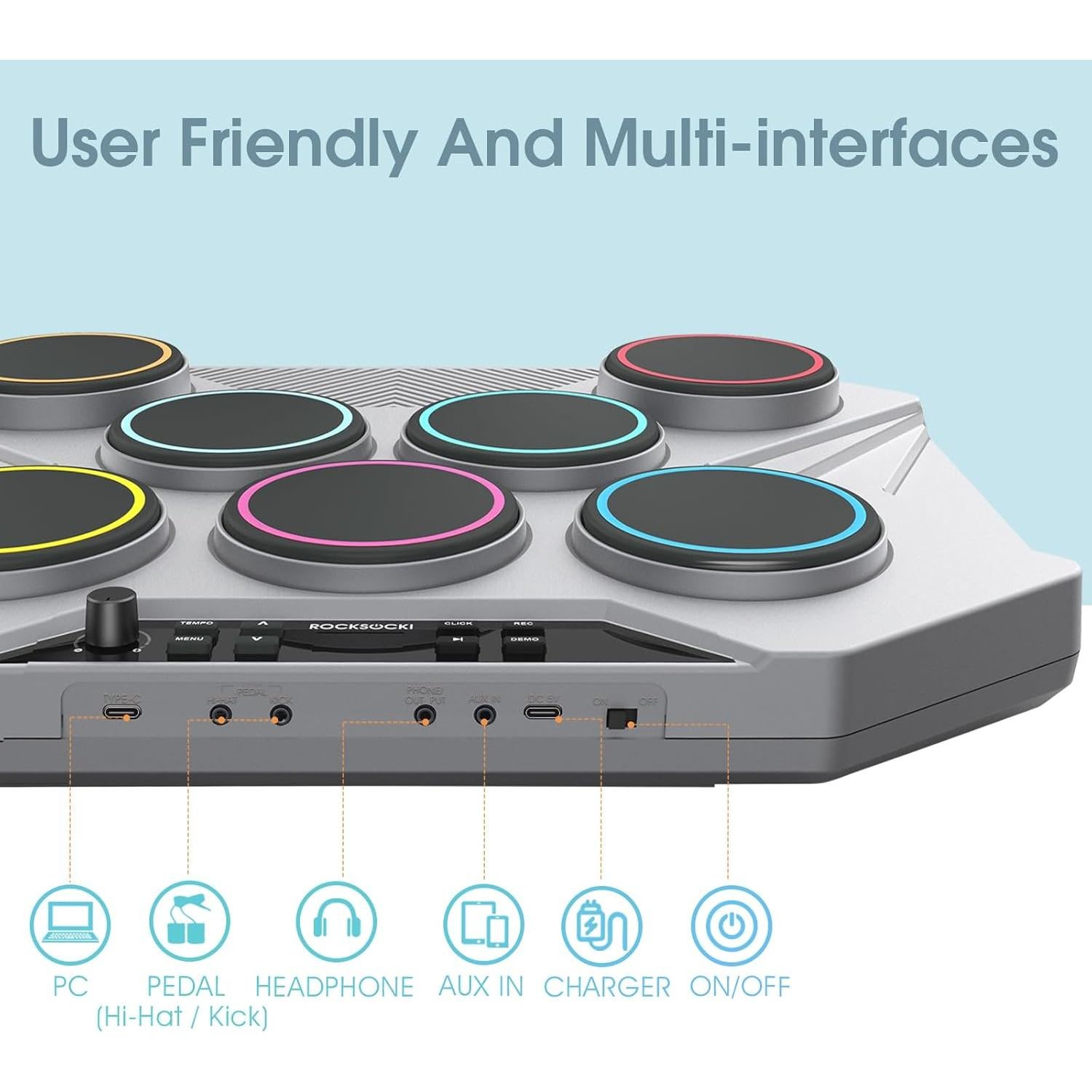 Juego de Batería Electrónica ROCKSOCKI 7 Pads Portátil USB-MIDI