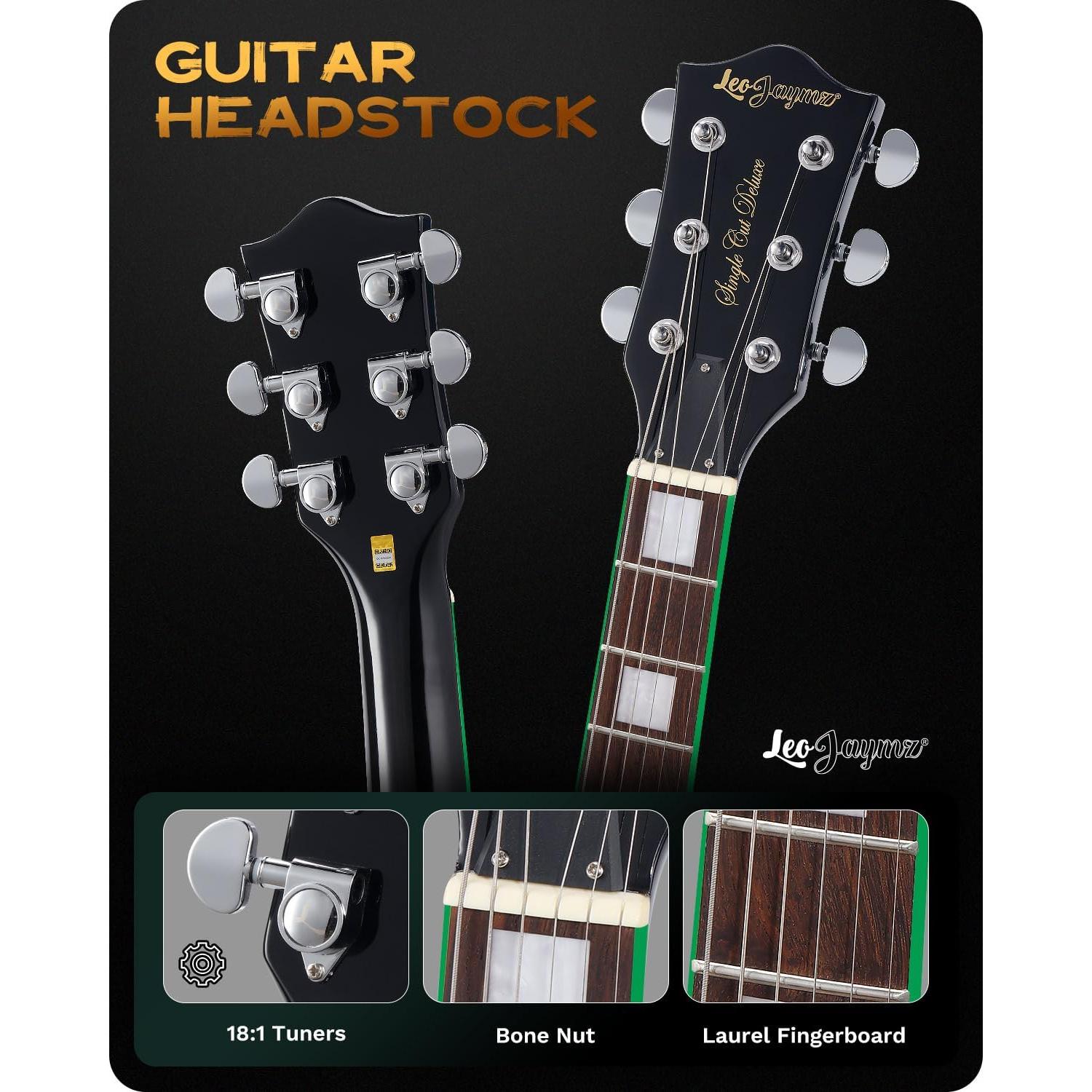 Leo Jaymz SC Series Electric Guitar – Mahogany Body, Laurel Fingerboard, Dual Humbuckers, Stainless Steel Frets, Tune-O-Matic Bridge, C Neck, 18:1 Tuners (Black Green)