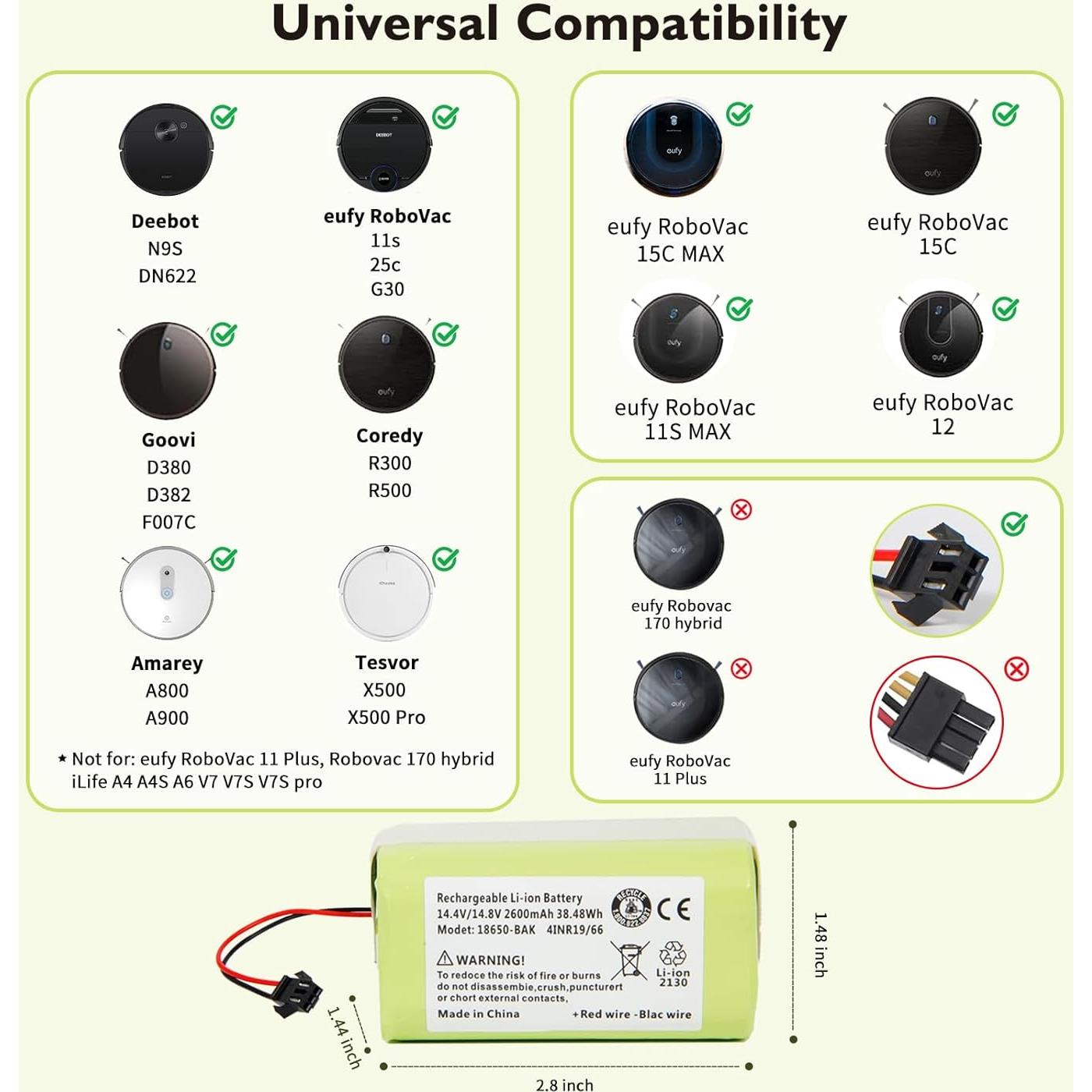 Batería de Reemplazo 14.4V 2600mAh para Aspiradoras Ecovacs y Eufy