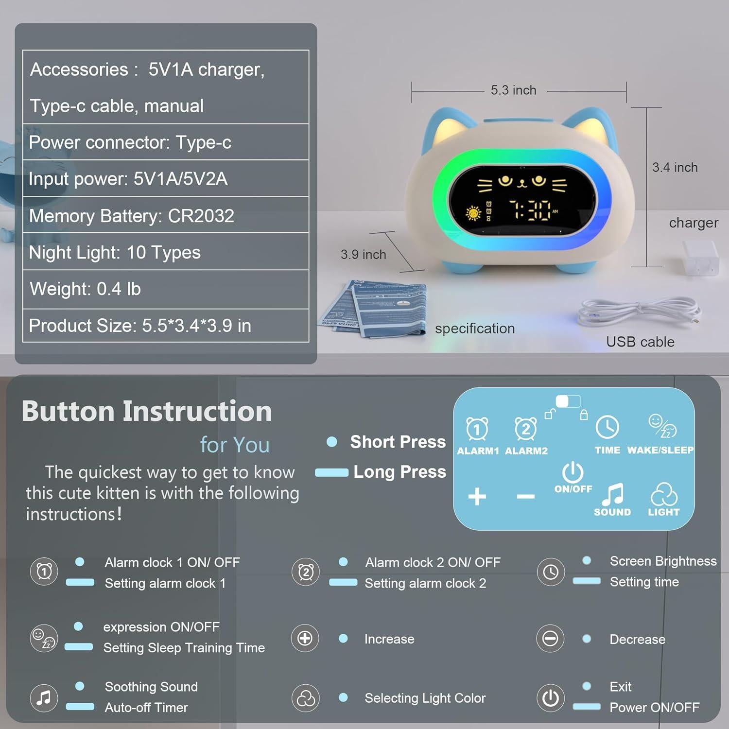 Reloj Despertador Digital ANALOI Gato Azul con Luz Nocturna
