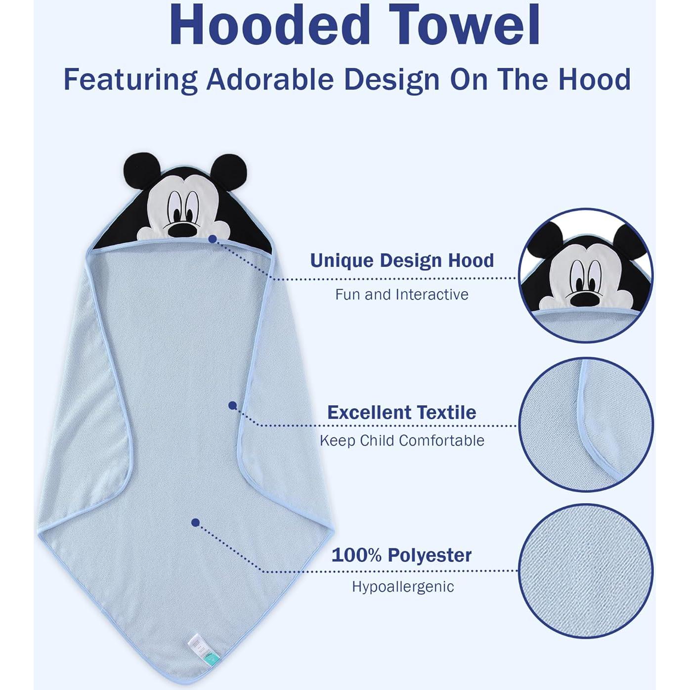 Toalla de baño con capucha Mickey Mouse Disney + 3 toallitas